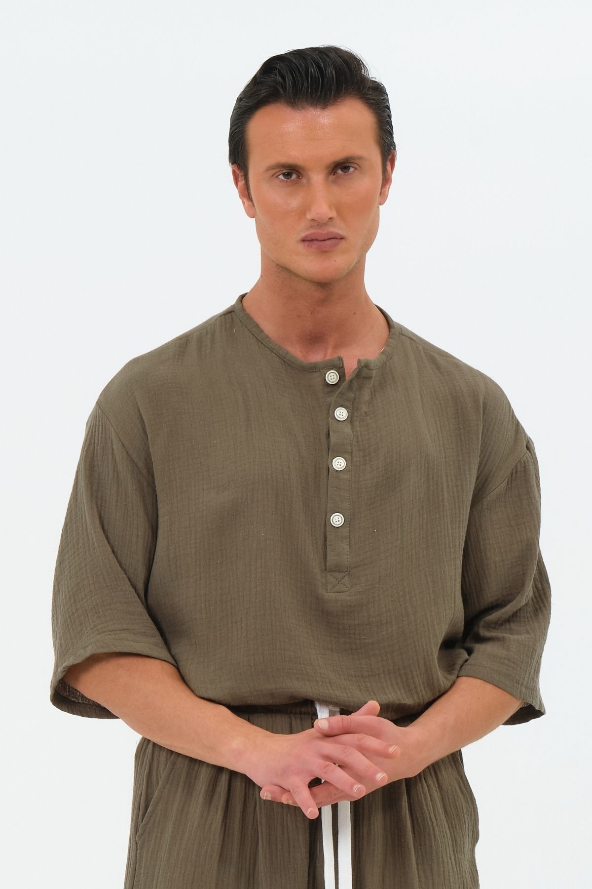 RELAXL %100 Pamuk Müslin Kumaş Fakir Kol Pat Yaka Haki Yeşil Oversize Gömlek görsel 3