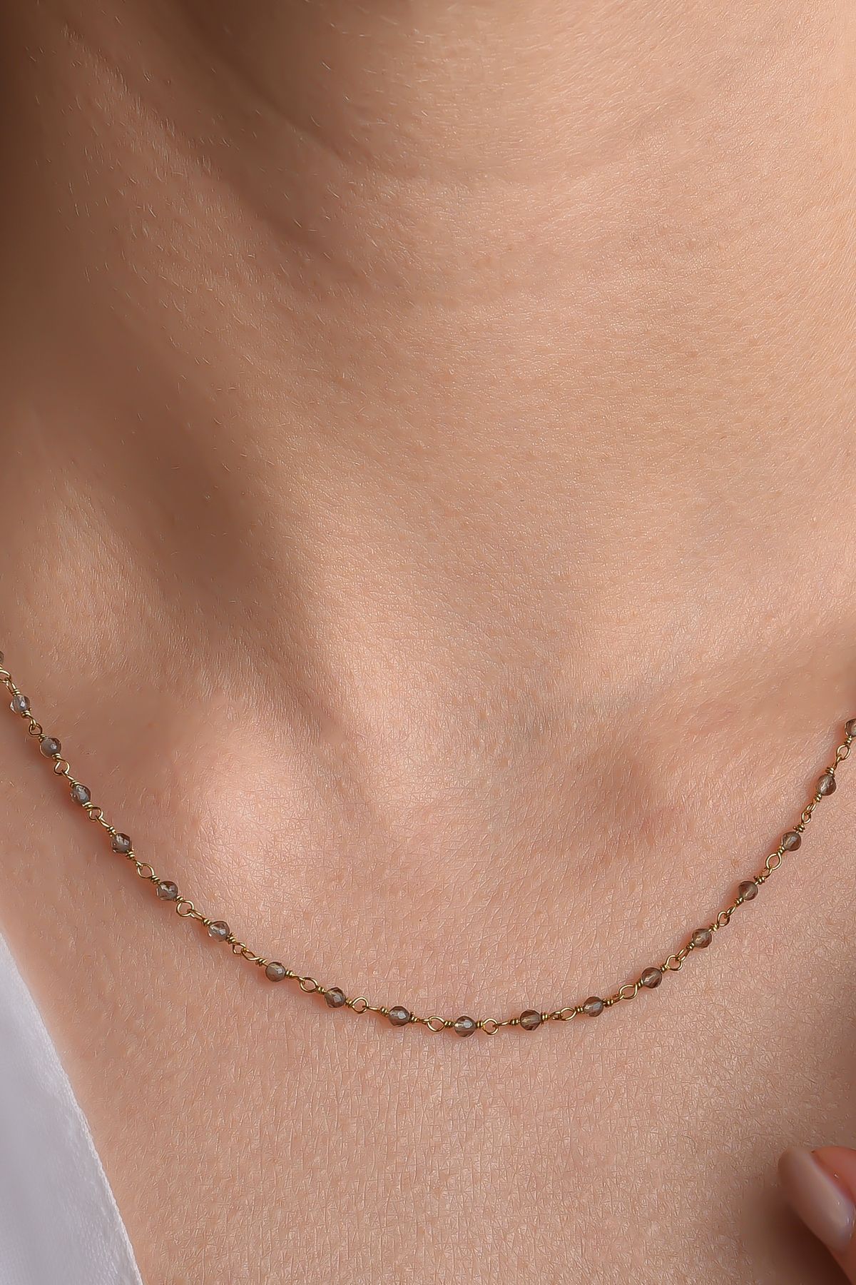 Nox Jewelry 14 Ayar Altın Kaplama Zarif Duman Rengi Kuvars Ham Değerli Taş Gümüş Gerdanlık - Cns00636