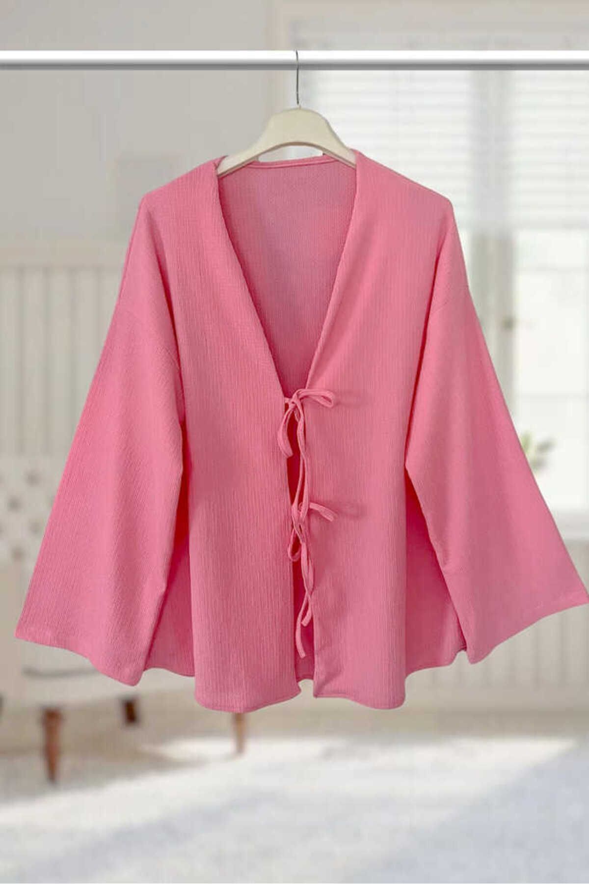 Aişe tesettür Önü Bağlamalı Kimono Tunik / Pembe