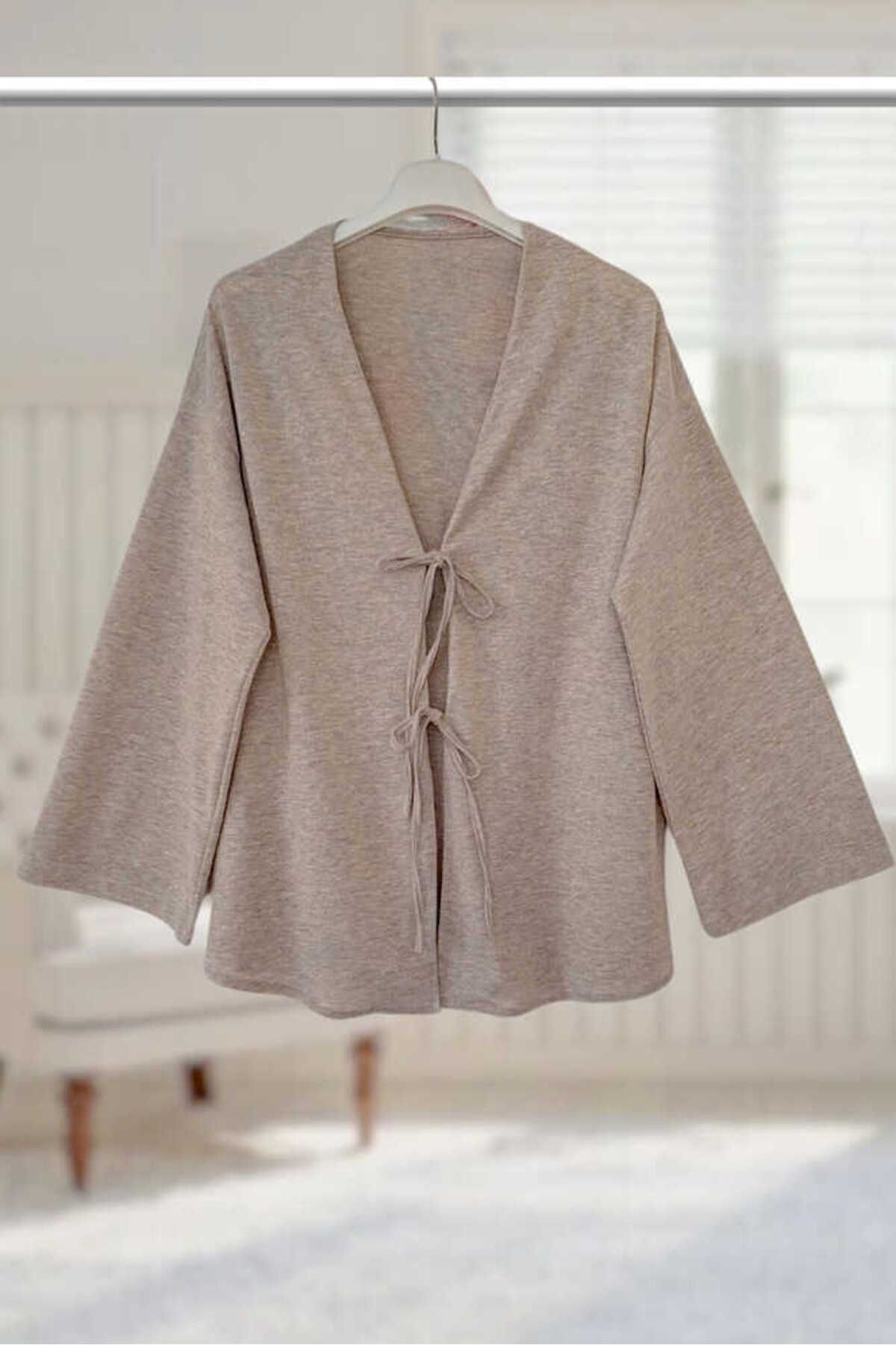 Aişe tesettür Önü Bağlamalı Kimono Tunik / Vizon melanj
