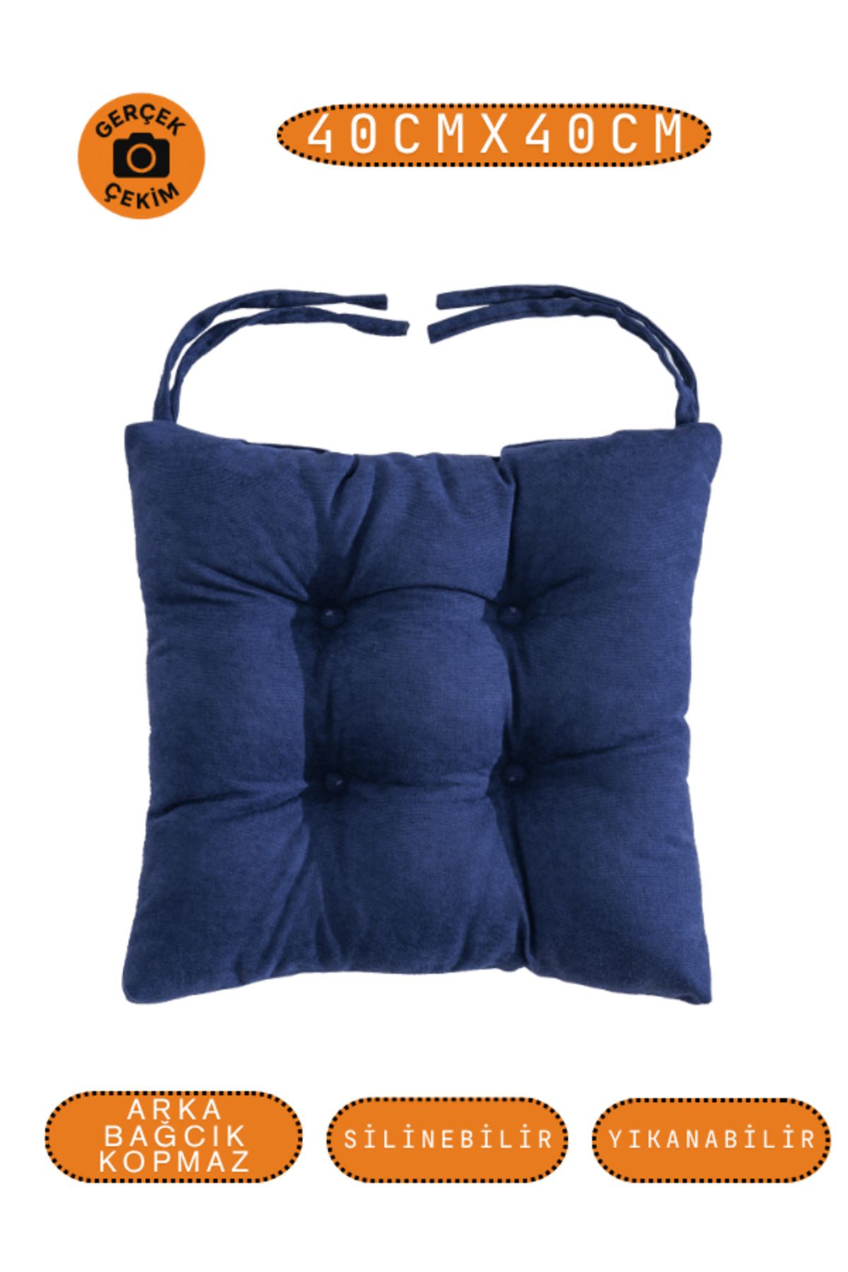 UYKUPEREST Pastello Sandalye Minderi –Gece Mavisi – Kadife Dokulu, Bağcıklı, Yıkanabilir – 40x40
