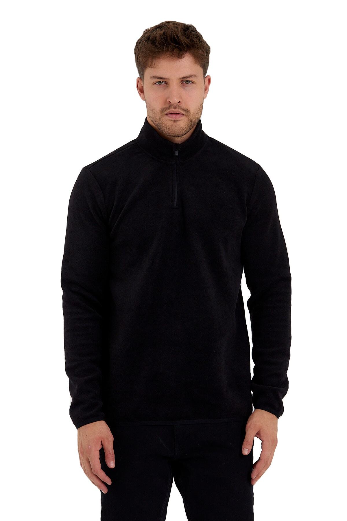 Erkek Rahat Içi Ve Dışı Polarlı Isı Koruyan Fermuarlı Polar Sweatshirt — مشکی YGZ0065 — تصویر 4 از 6
