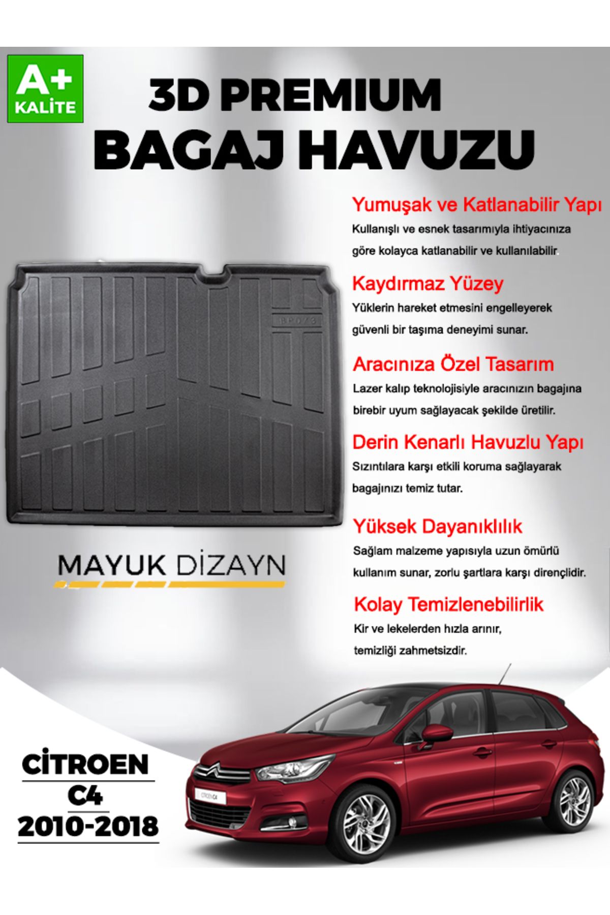Mayuk Dizayn Citroen C4 2010-2018 MYK 3D Premium Yumuşak Bagaj Havuzu