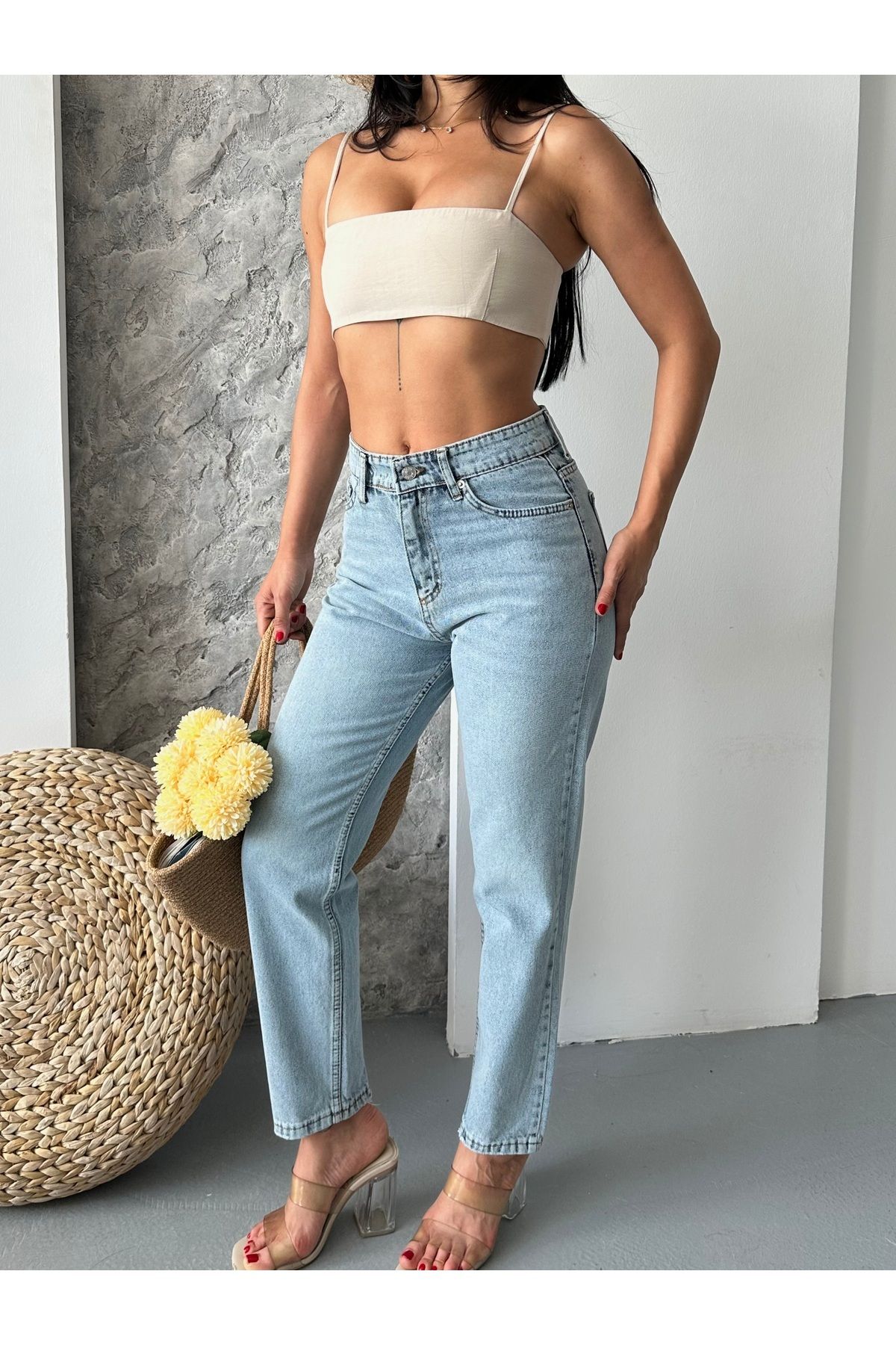 DESTEMODA Kadın Mom Fıt Denim Pantolon Bıyık Kimyasal Kar Yıkama Buz Mavi 4005