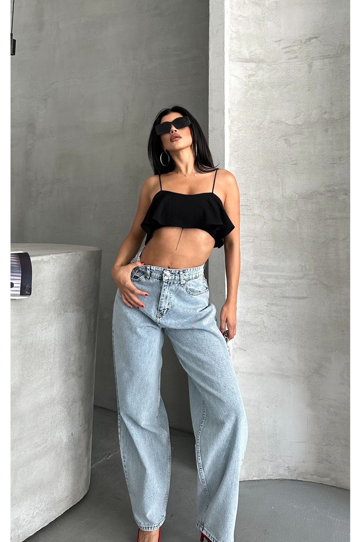 DESTEMODA Kadın Baggy Jeans Kot Pantolon Kar Yıkamalı Denim Buz Mavi 4004