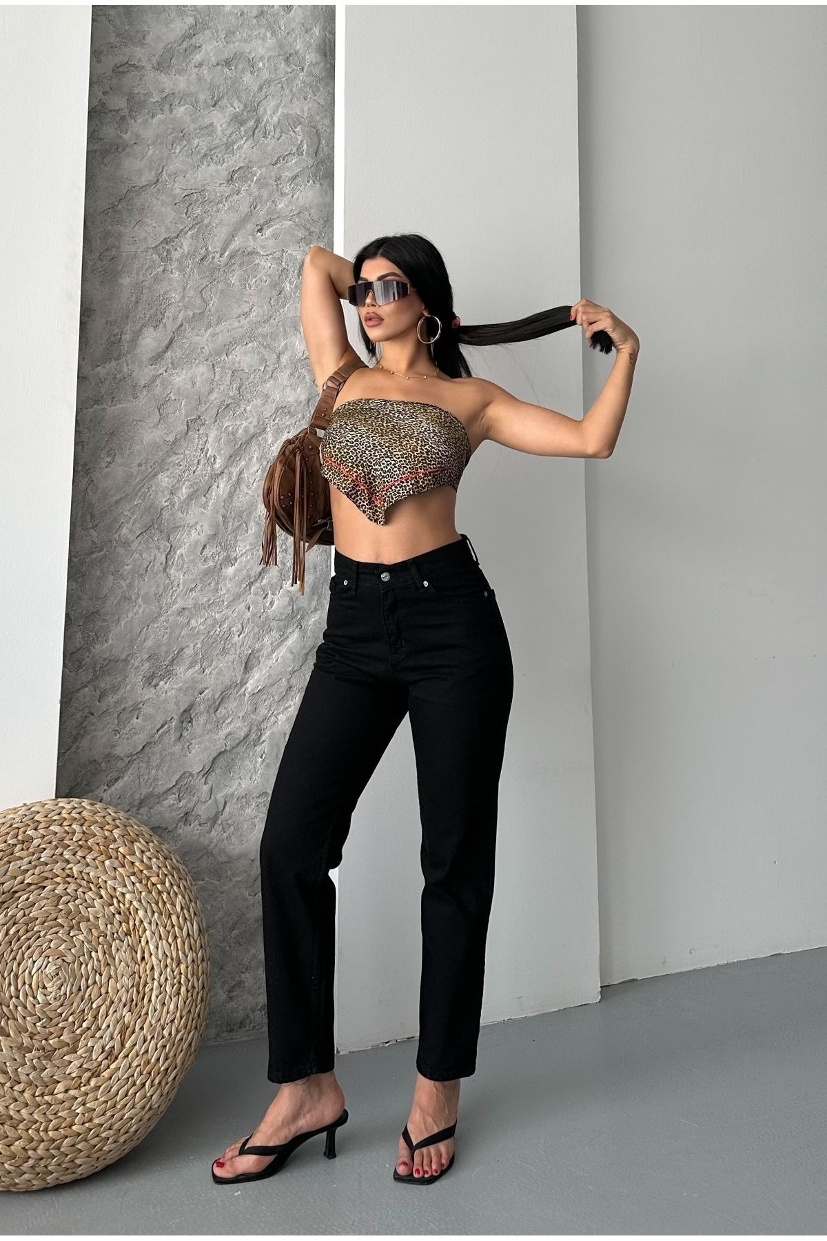 DESTEMODA Kadın Mom Fıt Kot Pantolon Enzim Taş Yıkama Siyah 4006
