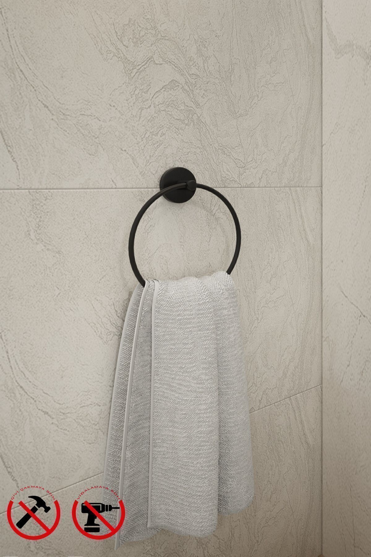 Alper Banyo Siyah Metal Havluluk 21x18 Cm | Yapışkanlı & Vidalı Montaj | Duvara Monte Şık Askılık