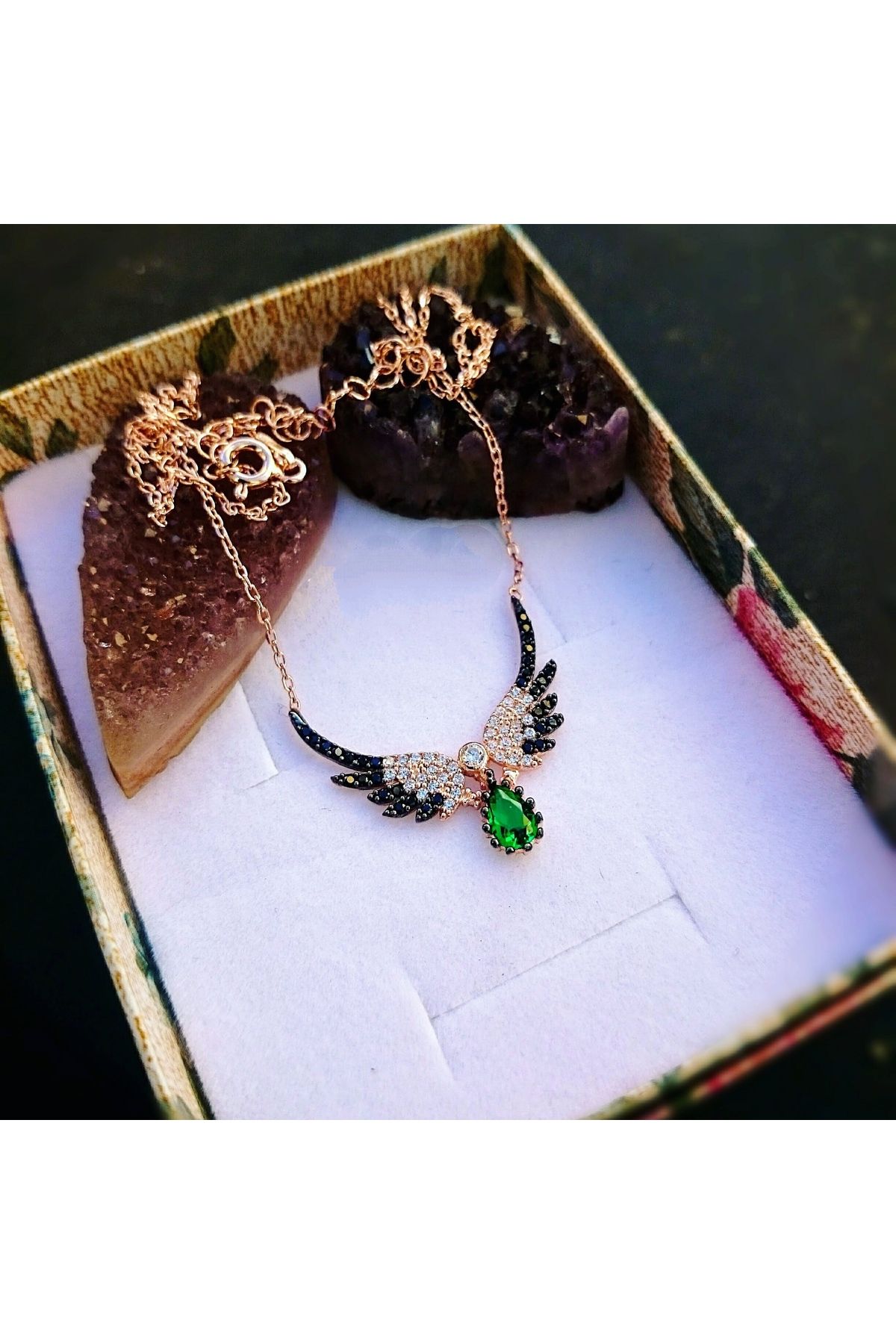 MODA Modahilye 925 Ayar Gümüş Melek Kanadı Zümrüt taşlı Damla tasarım Rose Gold Kolye
