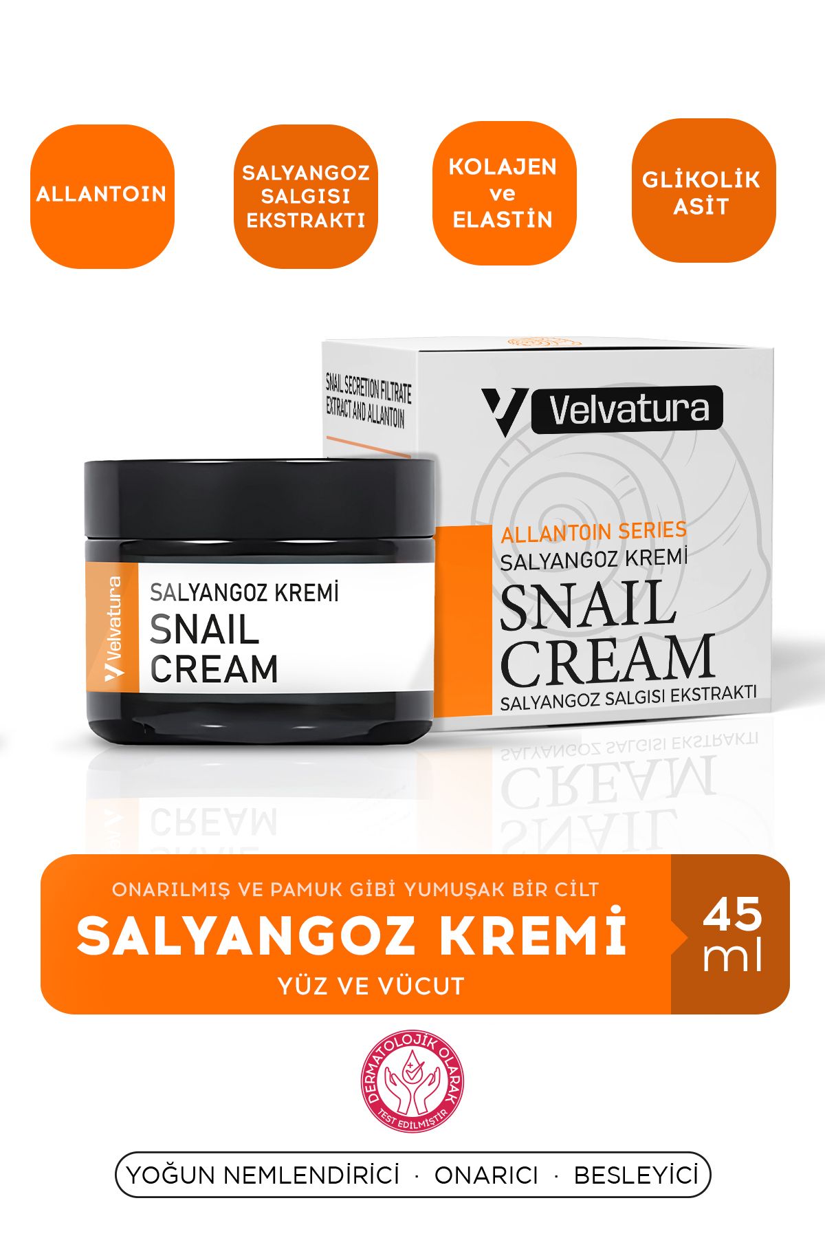 Velvatura Salyangoz Kremi Yaşlanma Karşıtı, Kırışıklık Önleyici, Yoğun Nemlendirici, Onarıcı, Besleyici 45 ml