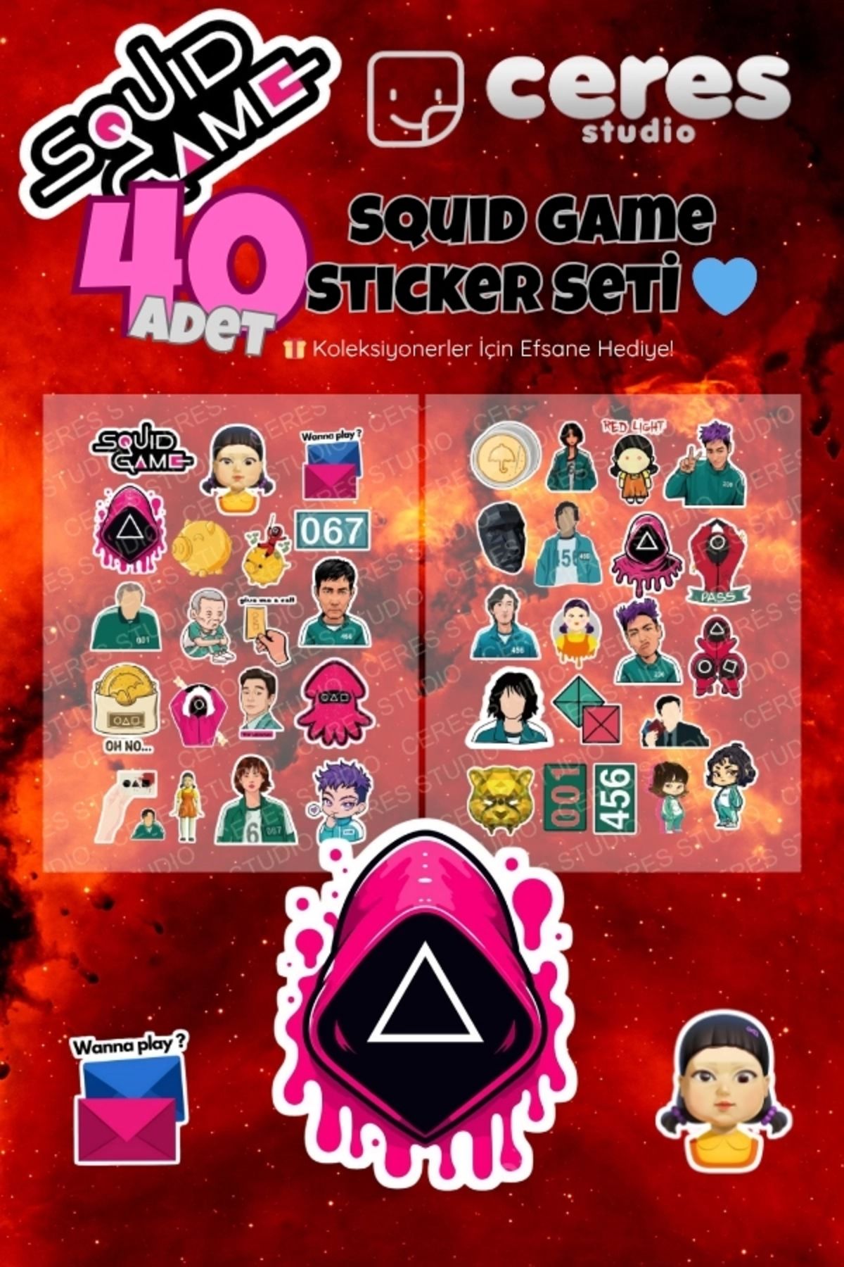 Ceres Studio Squid Game Temalı 40’lı Sticker Seti – K-pop Kore Dizisi Etiketleri – Defter Laptop Süsleme Çıkartma