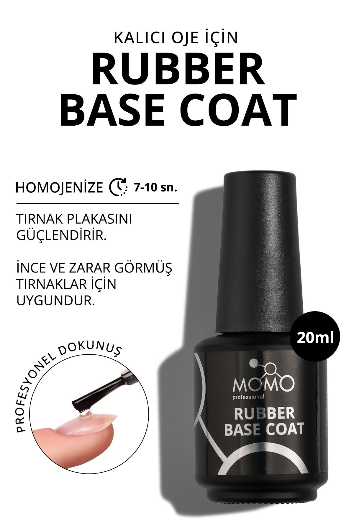 MOMO professional Kalıcı Oje Için Rubber Base Coat, Nano Fırçalı, 20 ml