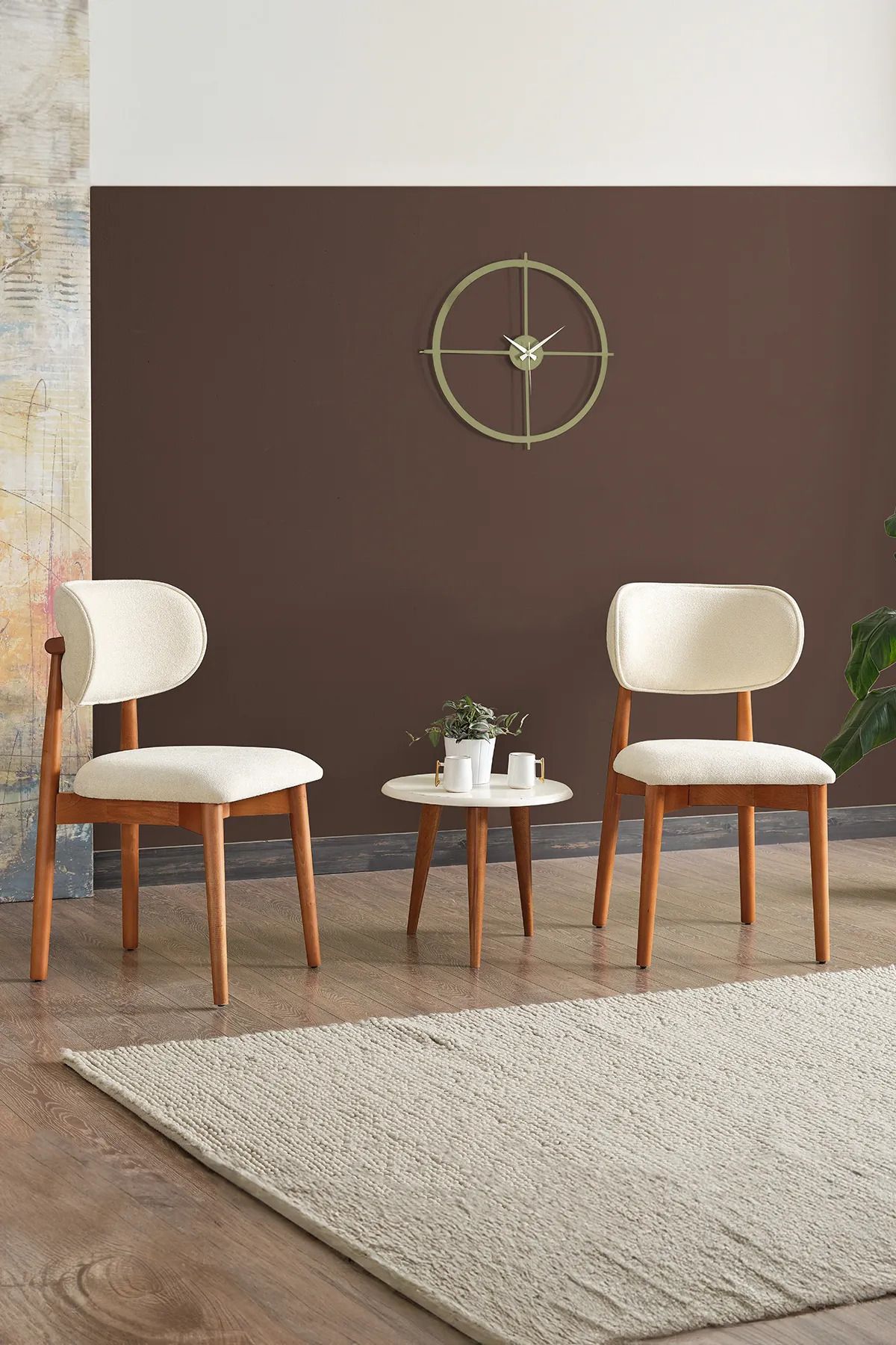 miraç furniture Polo Bukle Kumaş 2’li Ahşap Lüks Sandalye Krem
