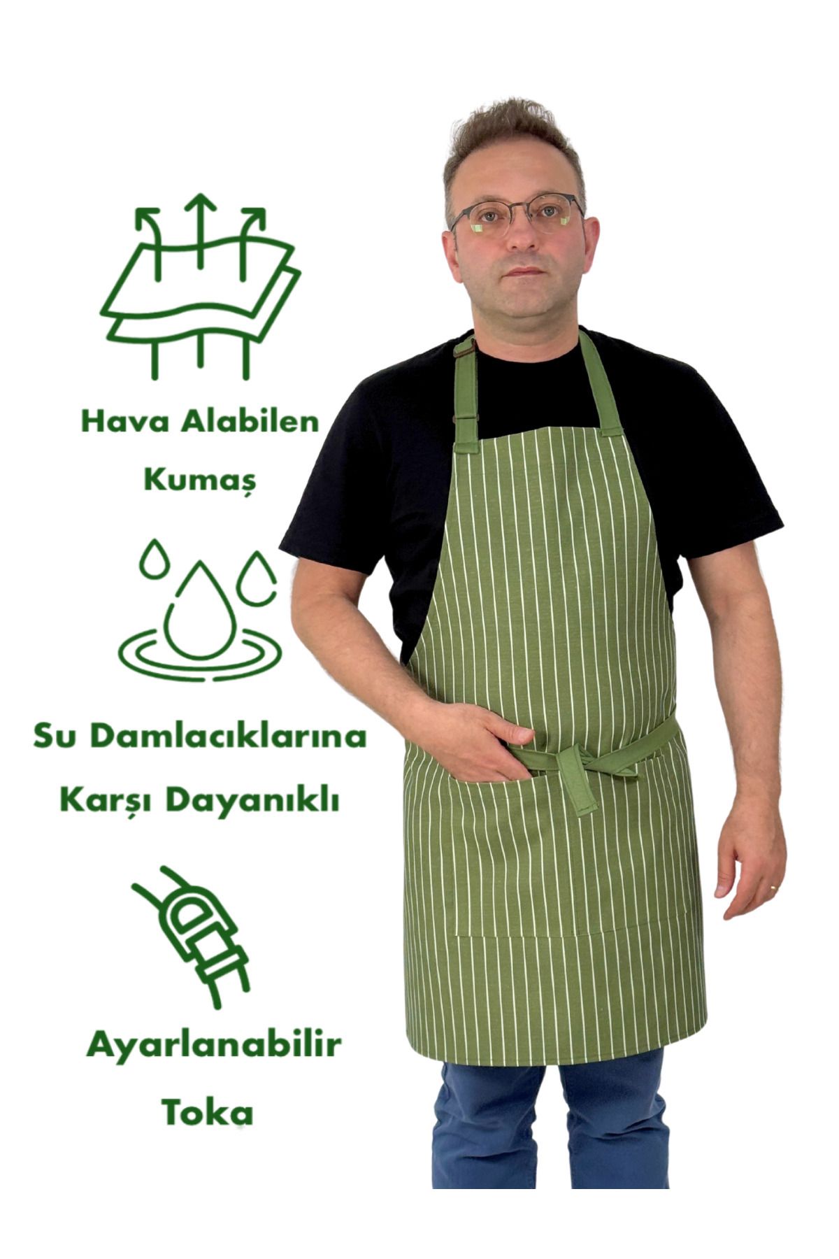 Monki Haus Çizgili Su itici Leke Tutmaz Boyun Ayarlı Cepli Önlük Mutfak Kafe Barista Pastacı Şef Aşçı