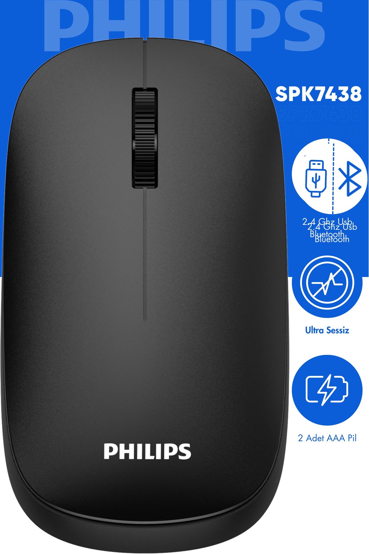 Philips Spk7438 Kablosuz Mouse Bluetooth Mouse Çift Mod Sessiz Mouse Pil Dahil Resmi Distribütör Siyah