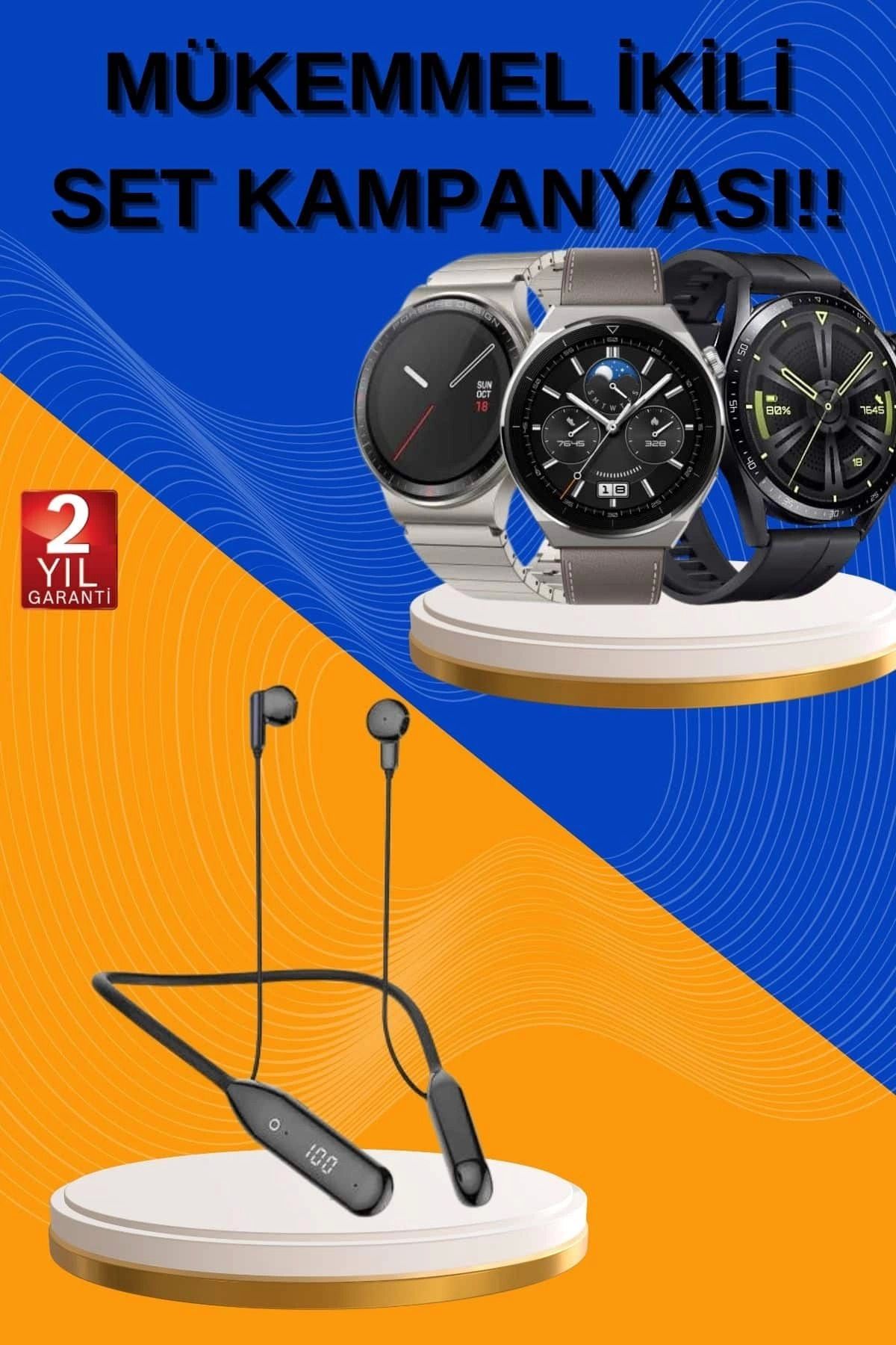 MELFSHOP Alarm ve Titreşim Özellikli Akıllı Saat ve Mikrofonlu Kablolu Bluetooth Kulaklık 60 Saat