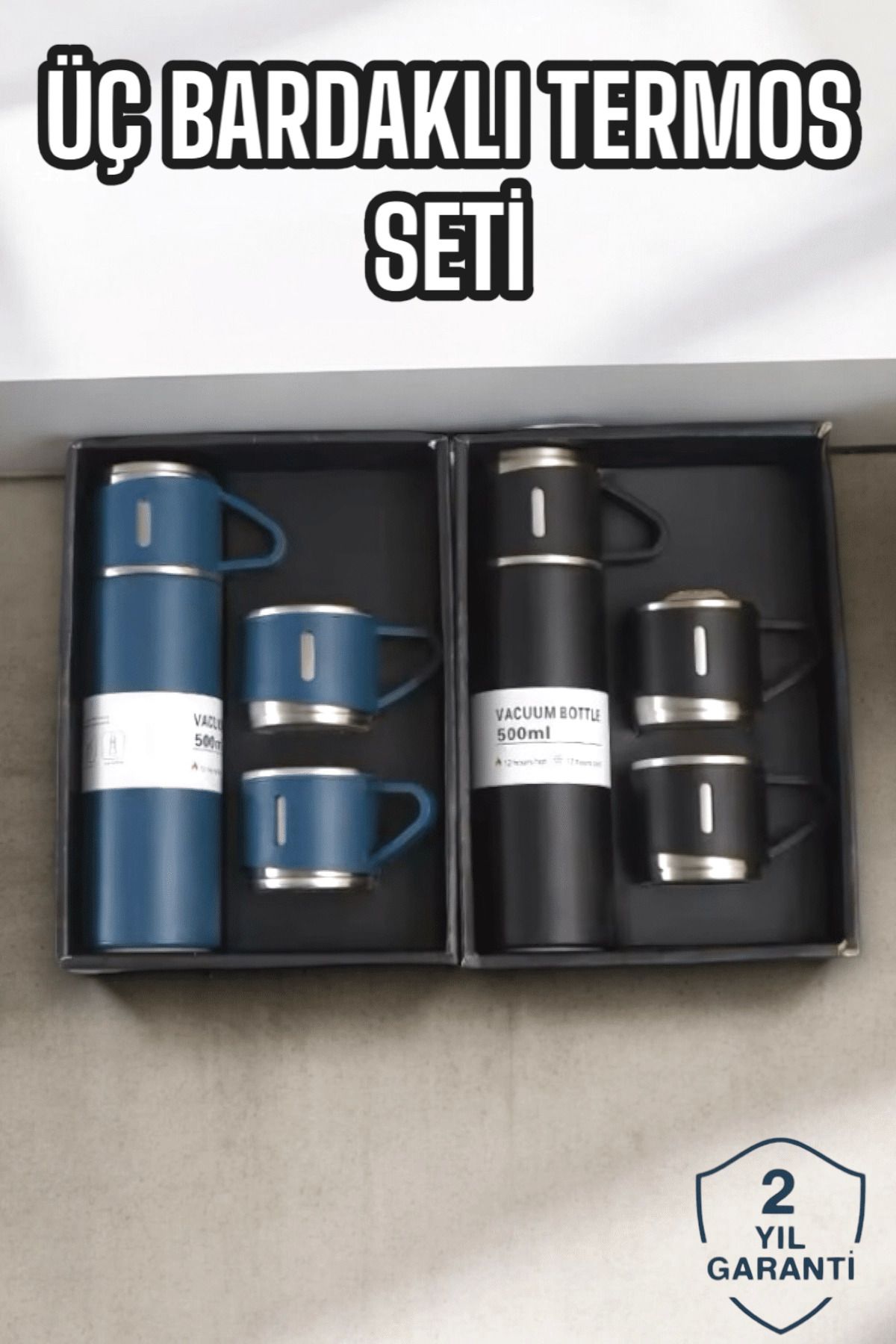 MELFSHOP Şık ve Dayanıklı 3 Bardaklı Termos Seti Uzun Süre Isı Koruma Özellikli
