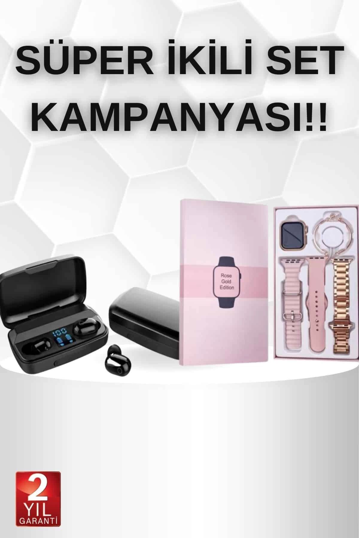 MELFSHOP Wireless Şarjlı Pembe Akıllı Saat ve Kablosuz Bluetooth Kulaklık Dokunmatik Kontrol