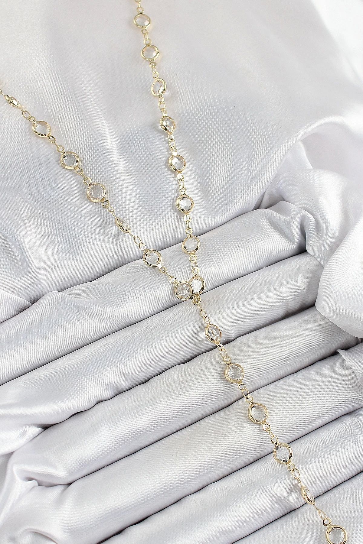 No8 Home Pirinç Şeffaf Model Gold Renk Zirkon Taşlı Y Kolye