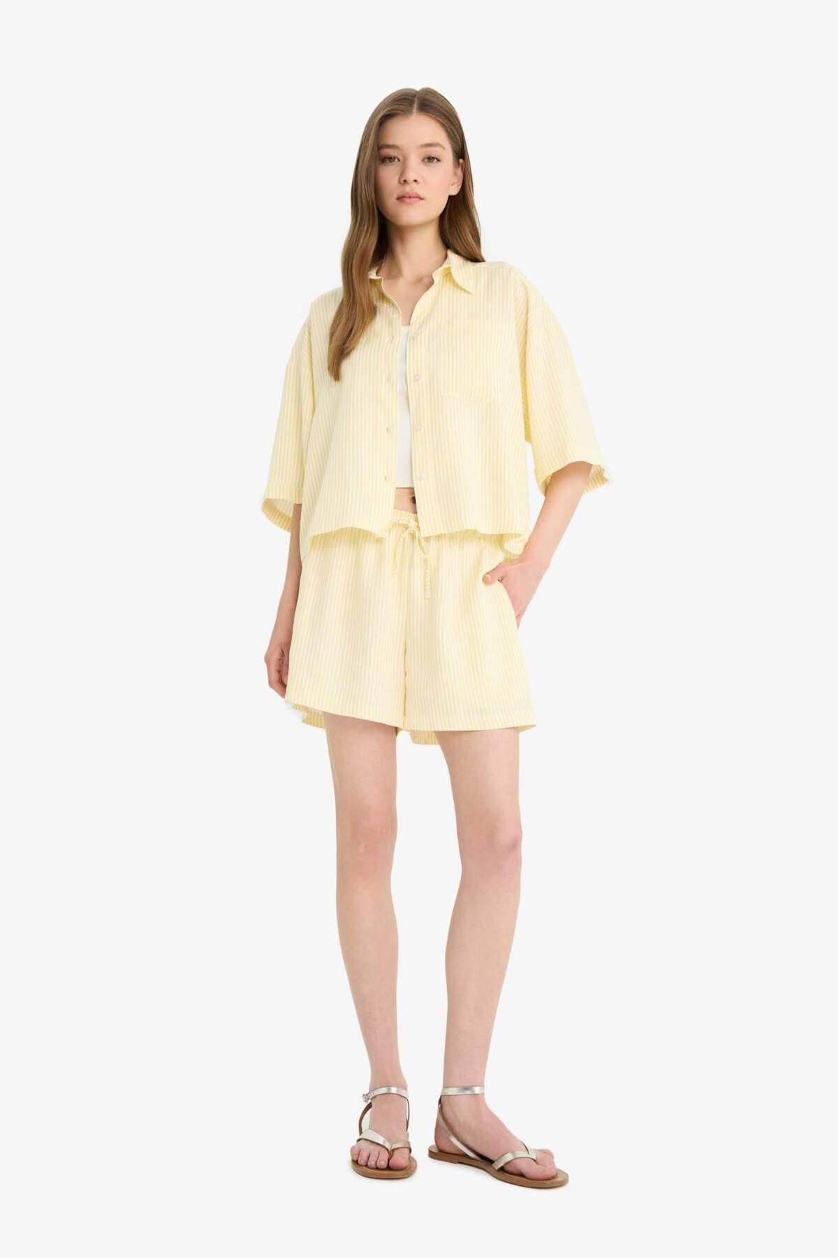 DeFacto-Coool A-Line Regular Waist Straight Leg Linen Blend Shorts F2543Ax25Sm 4