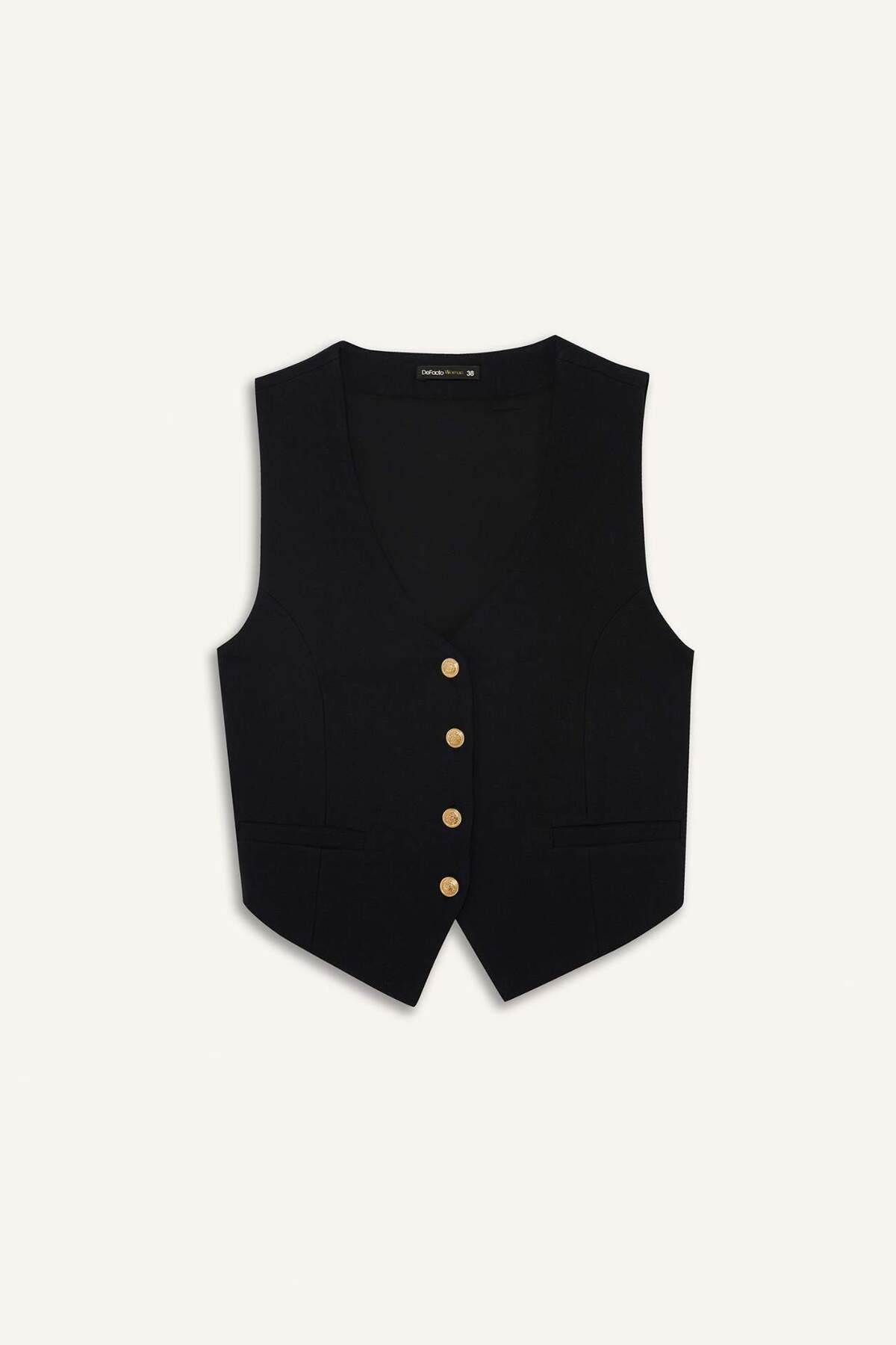 DeFacto Crop V Yaka Keten Karışımlı Blazer Siyah Yelek C7798AX25SM