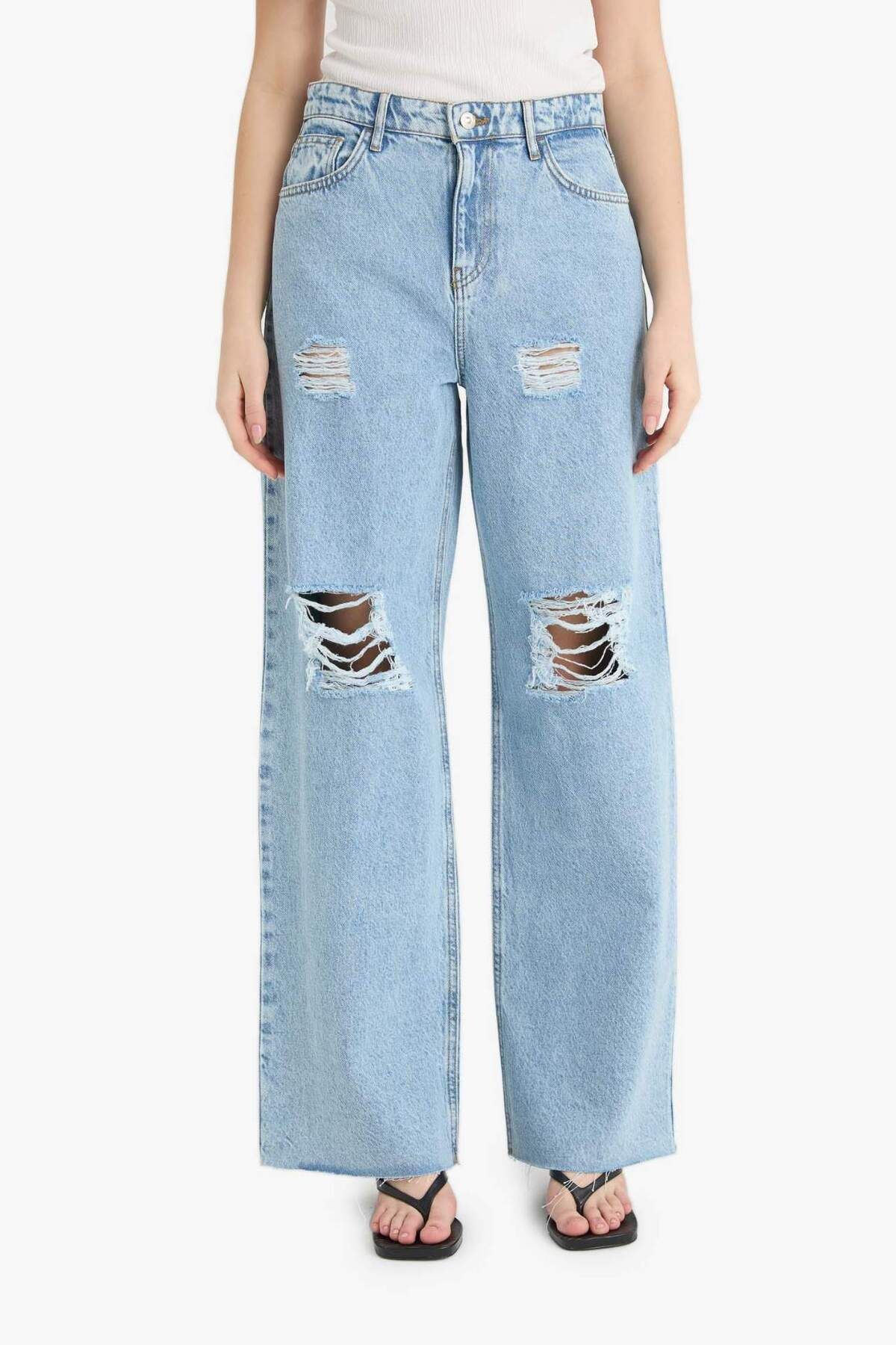 DeFacto 90s Wide Leg Yırtık Detaylı Yüksek Bel Geniş Paça Uzun Jean Pantolon E1702AX25SM