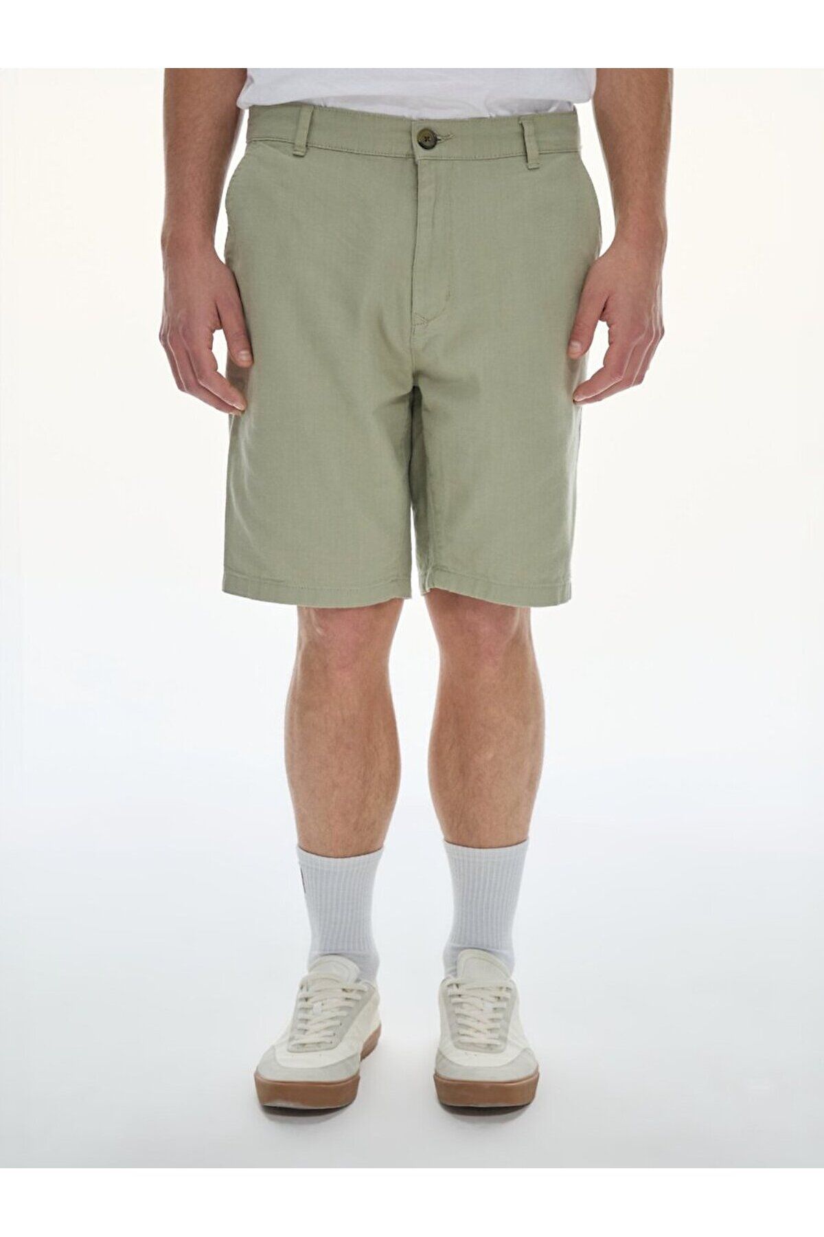 Ltb-Linen Look Regular Midi Green Shorts 2