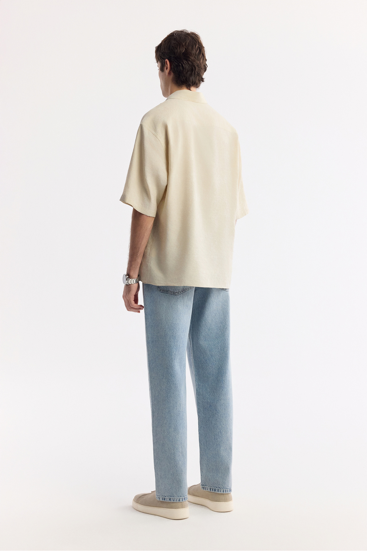 Avva-Men's Beige Boxy Fit Bottom Brit Collar Jacquard Short Sleeve Shirt A51Y2119 4