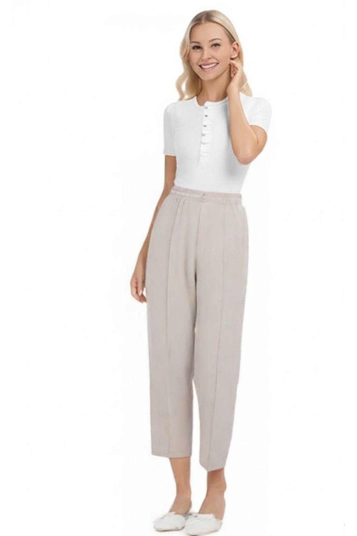 SSO Kadın Beli Lastikli Ön Dikiş Detaylı Dekoratif Çift Düğmeli Nude Slim Fit Pantolon