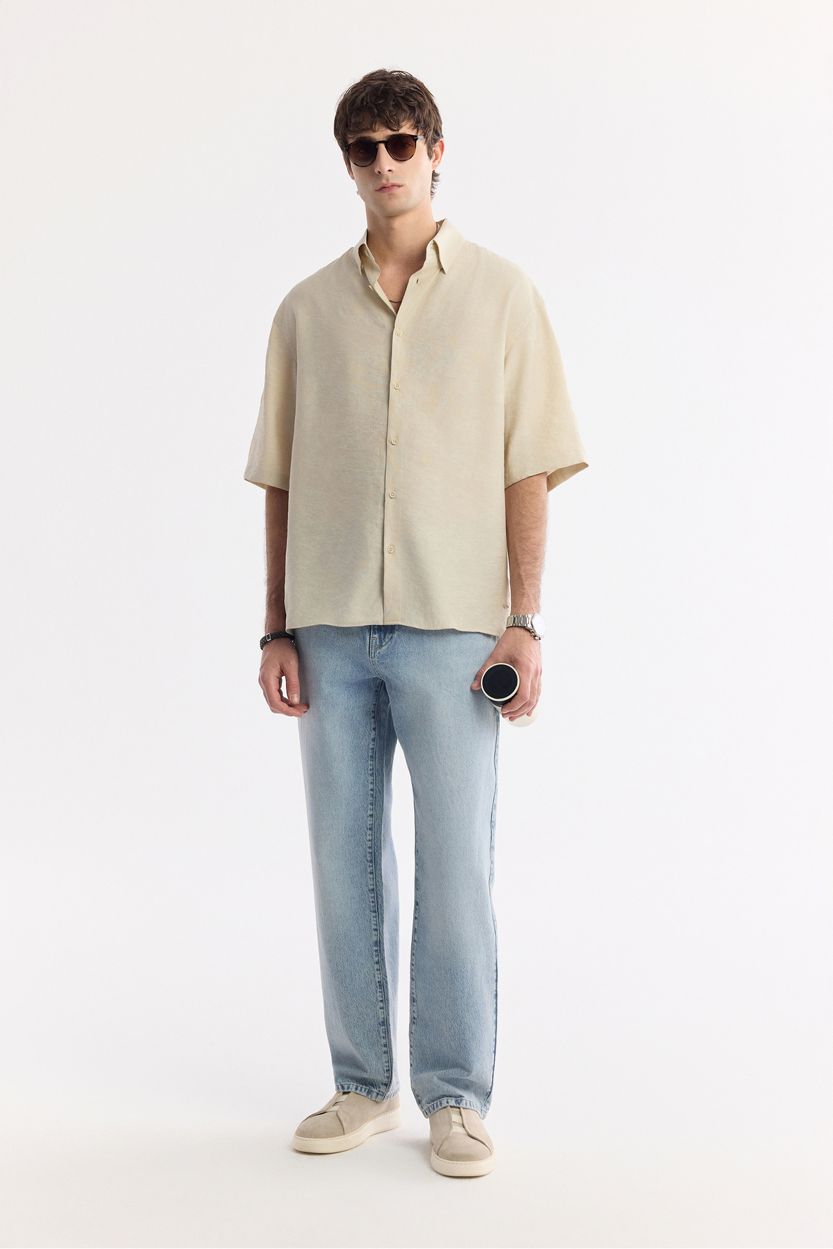 Avva-Men's Beige Boxy Fit Bottom Brit Collar Jacquard Short Sleeve Shirt A51Y2119 7
