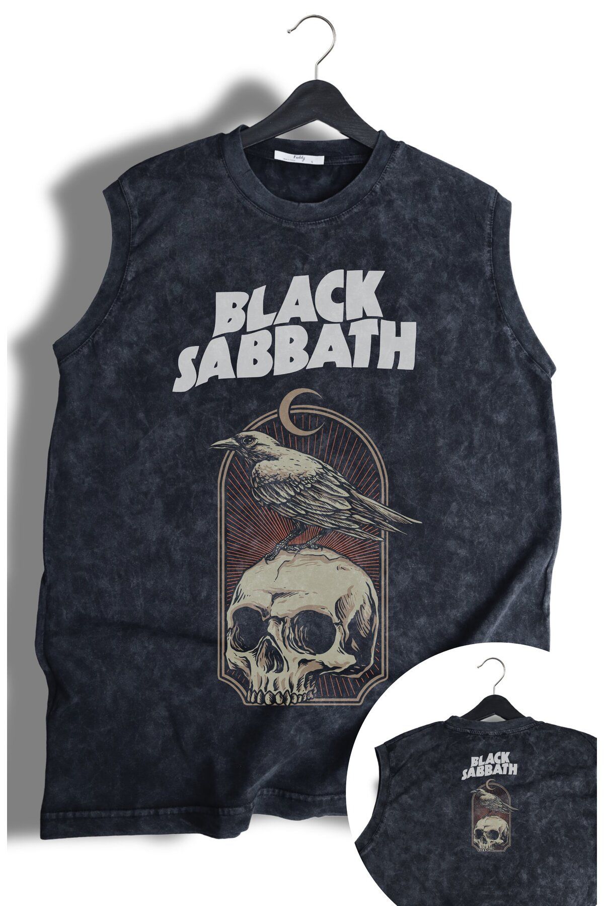 Fuddy Moda Black Sabbath Raven Ense Baskılı Yıkamalı Kolsuz Tişört, Unisex Rock Band Temalı Sıfır Kol Atlet