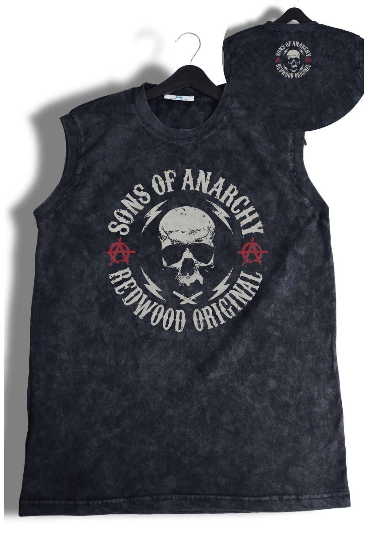 Fuddy Moda Sons of Anarchy Ense Baskılı Yıkamalı Kolsuz Tişört, Unisex Soa Temalı Sıfır Kollu Retro Atlet