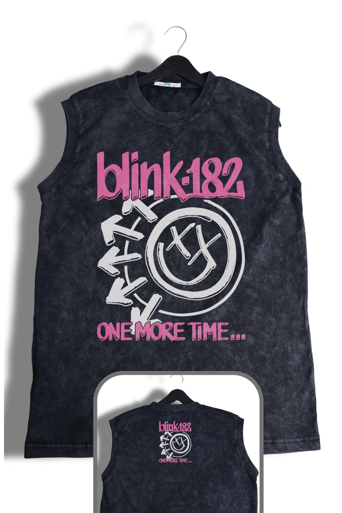 Fuddy Moda Blink-182 OneMore Time Ense Baskılı Yıkamalı Kolsuz Tişört,Unisex Rock Band Temalı Sıfır Kol Atlet