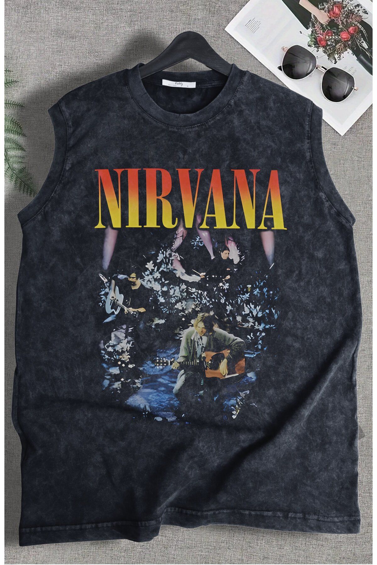 Fuddy Moda Nirvana Baskılı Yıkamalı Kolsuz Tişört, Unisex Rock Band Temalı Sıfır Kollu Vintage Atlet