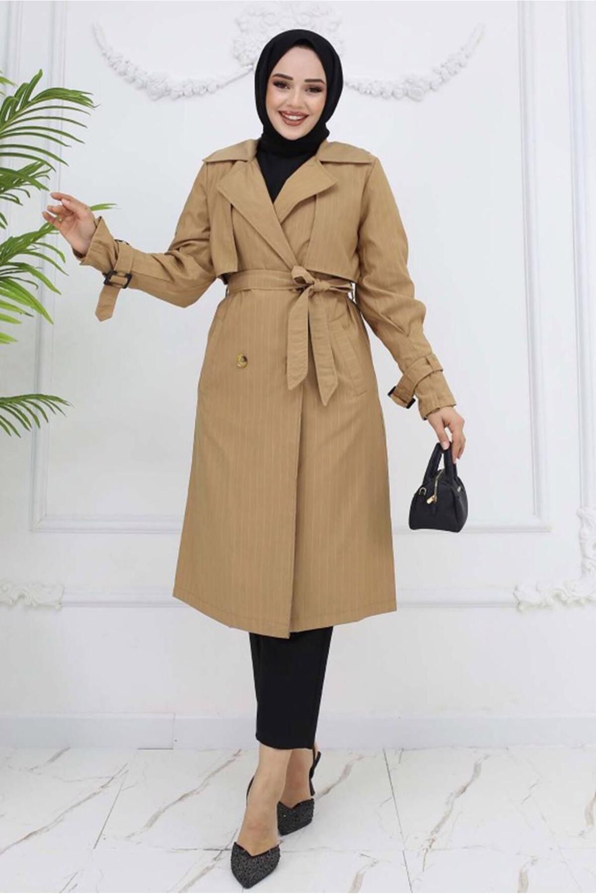 TRENDTESETTÜR KADIN KAHVE (CAMEL) KUŞAKLI ÇİZGİLİ TRENÇKOT T 64616