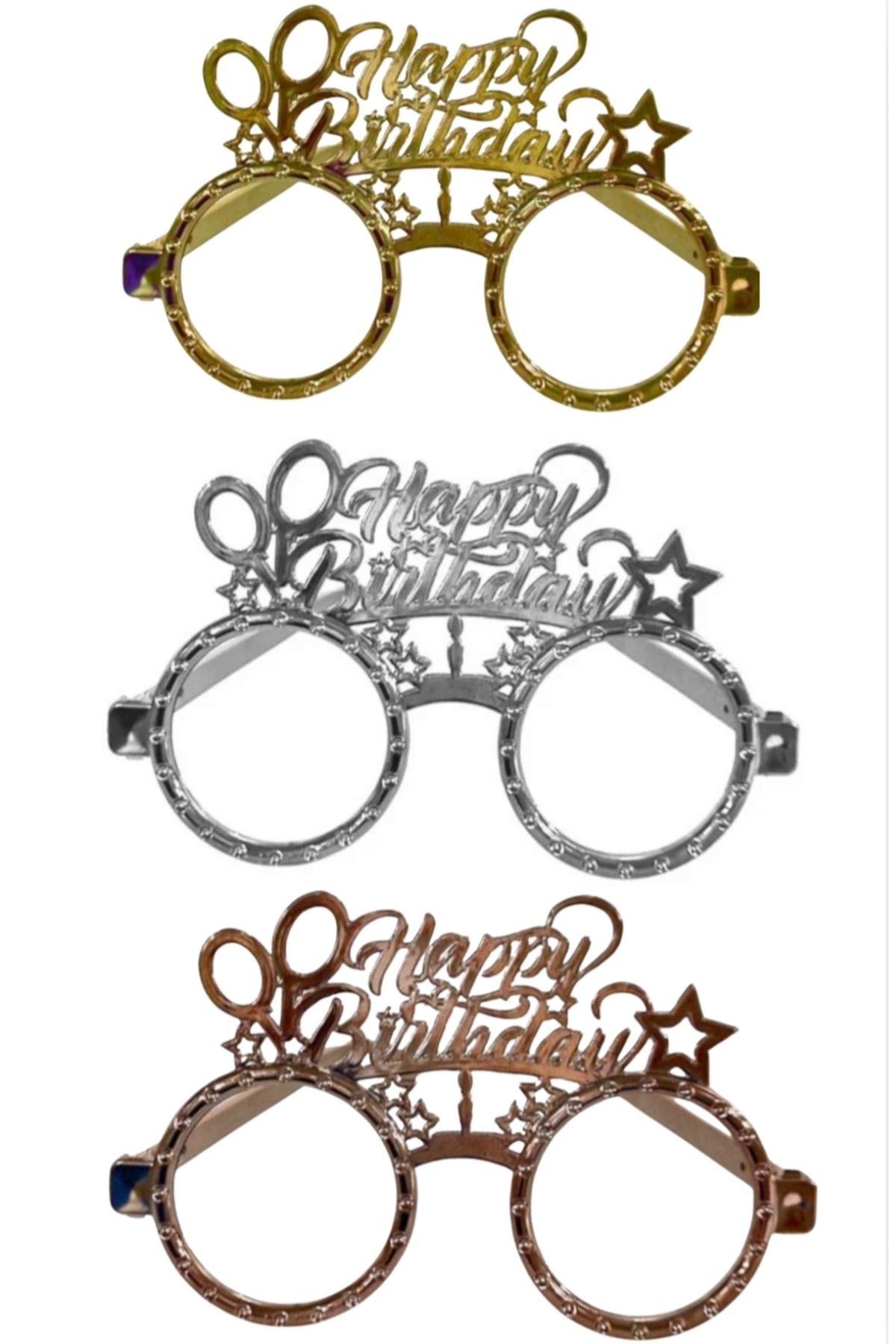 SİNDA Happy Birthday Parti Gözlüğü - Gold, Gümüş Ve Rose Gold 3'lü Set -1. Sınıf Malzemeden Üretilmiştir