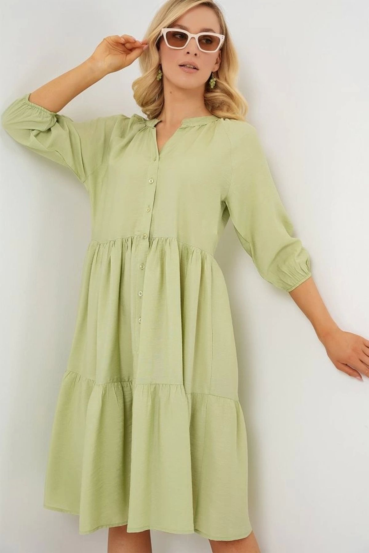 Butik Düğmeli Kısa Kol Elbise 2559 - E.Yeşil