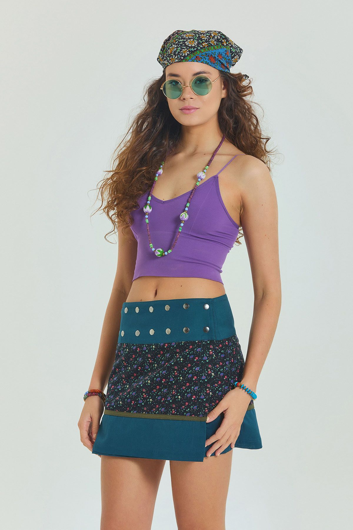 Los banditos-Patchwork Wrap Mini Skirt with Snap Closure 7