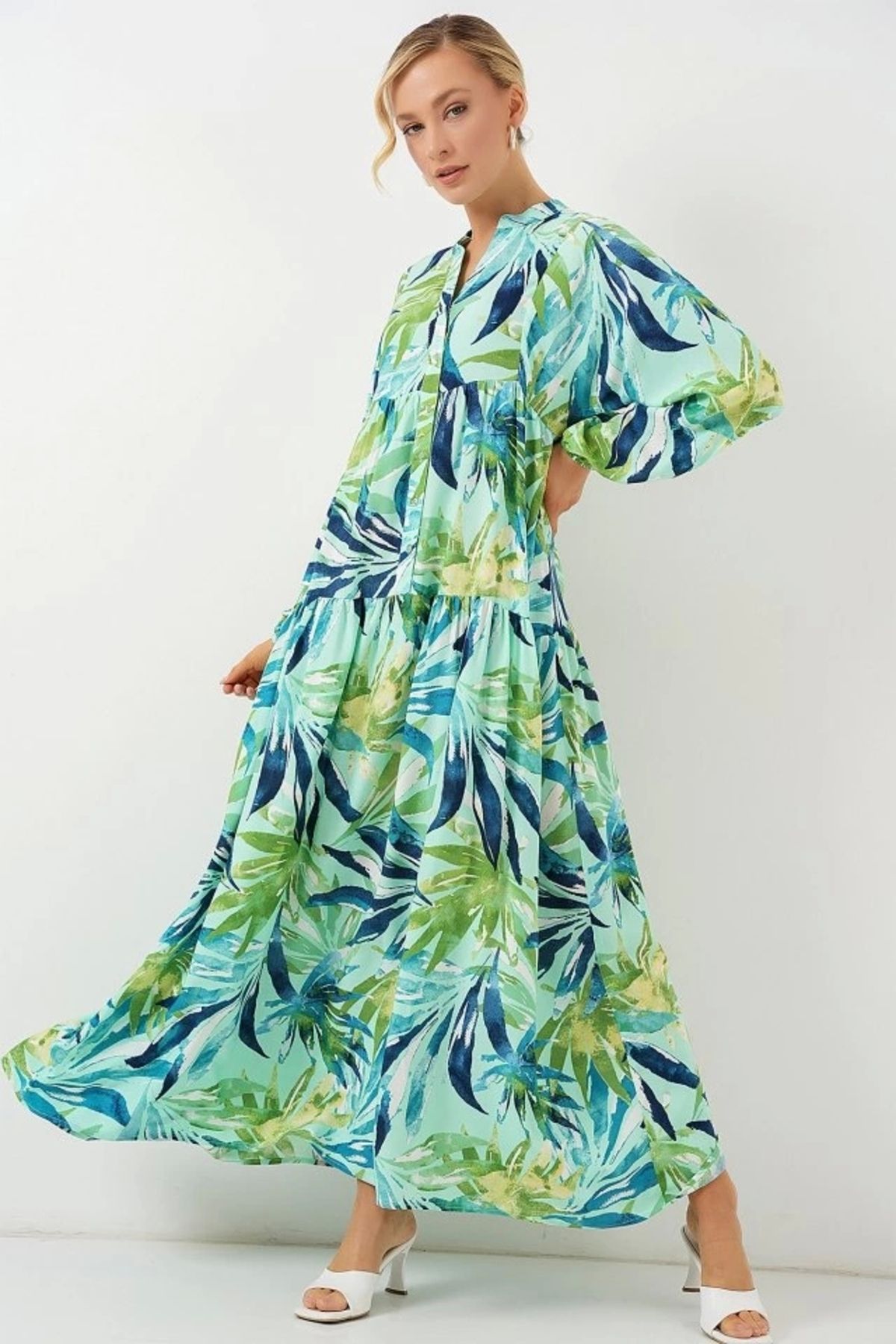 Butik 2423 Otantik Desenli Tesettür Elbise - E.Mint