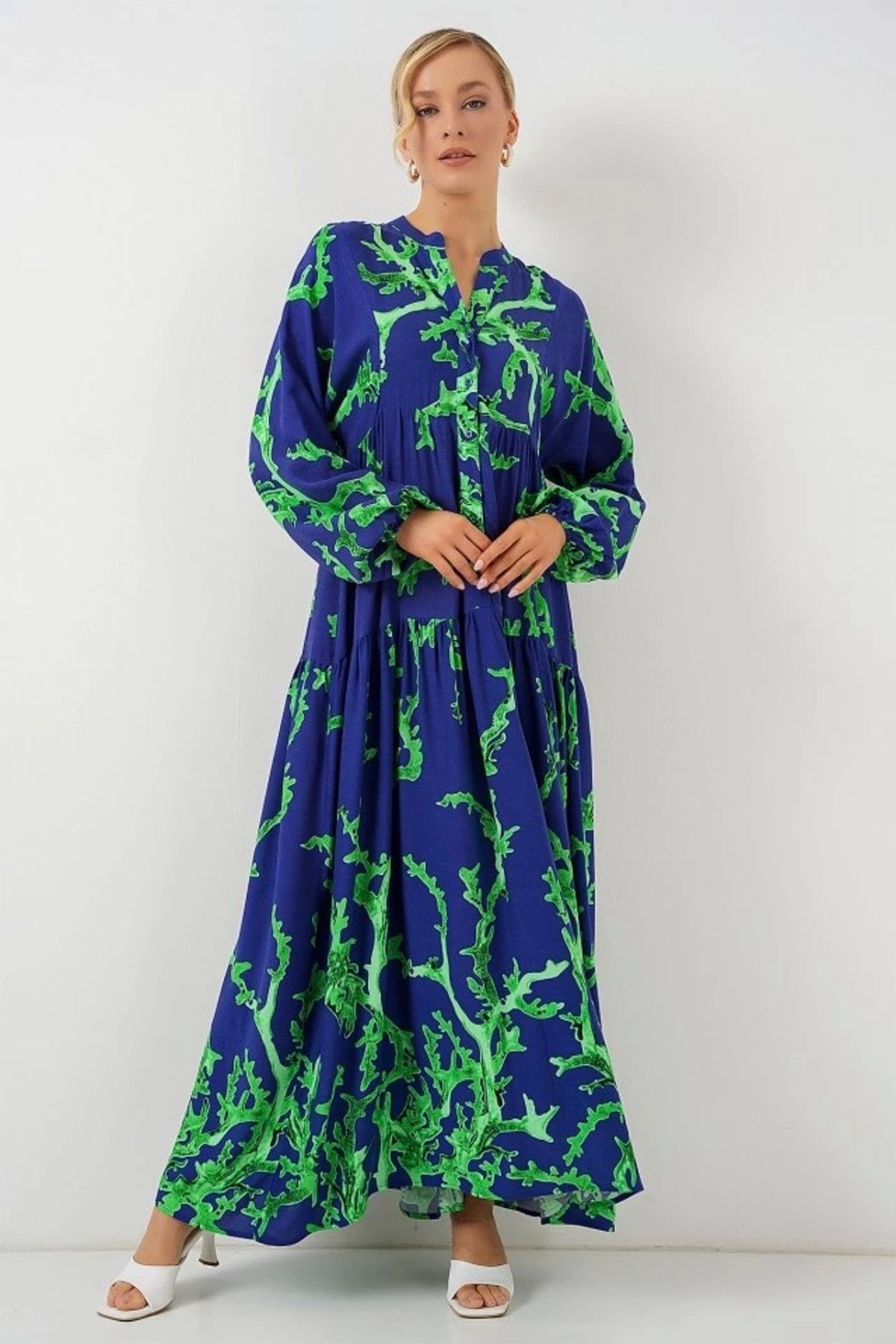 Butik 2423 Otantik Desenli Tesettür Elbise - MOR-YEŞİL