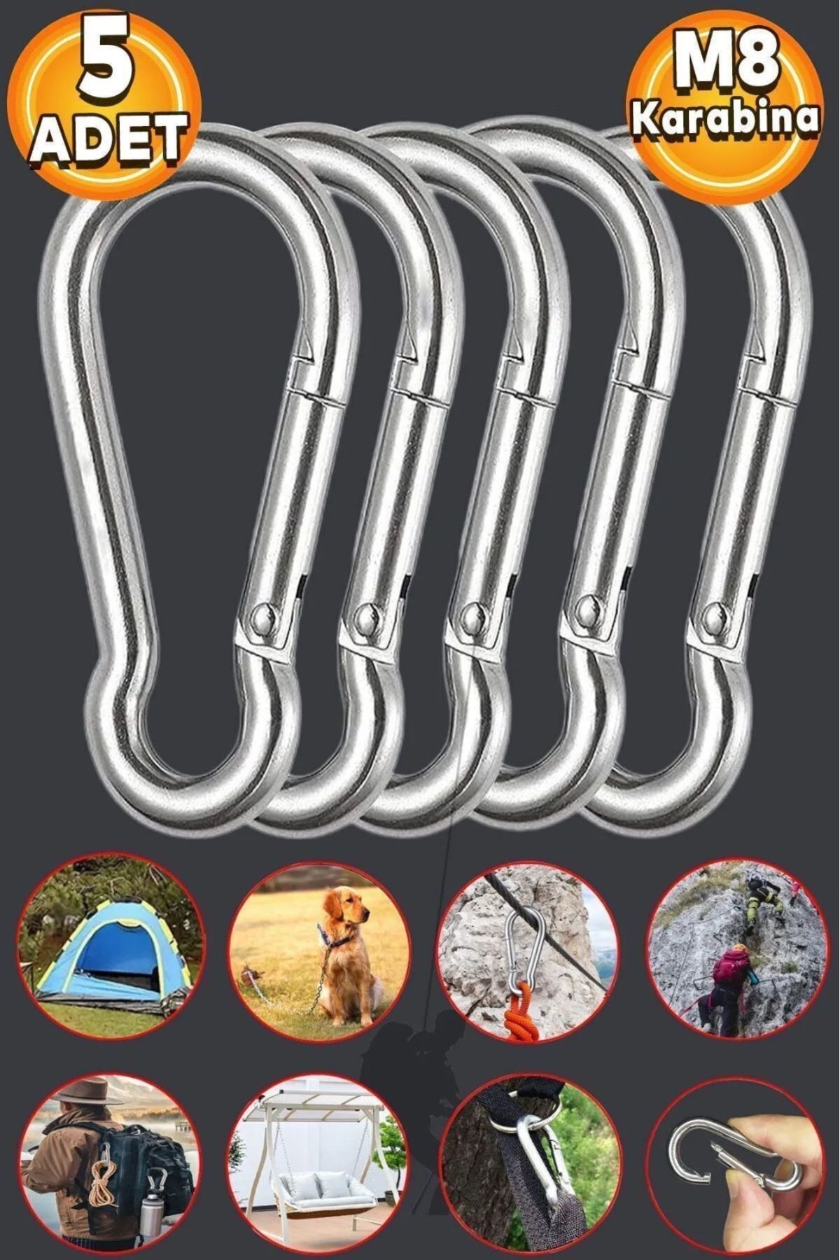 Mustang Karabina 8 Mm yaylı kanca çelik kilit olta dağcılık kamp malzemeleri salıncak anahtar askı 5 adet