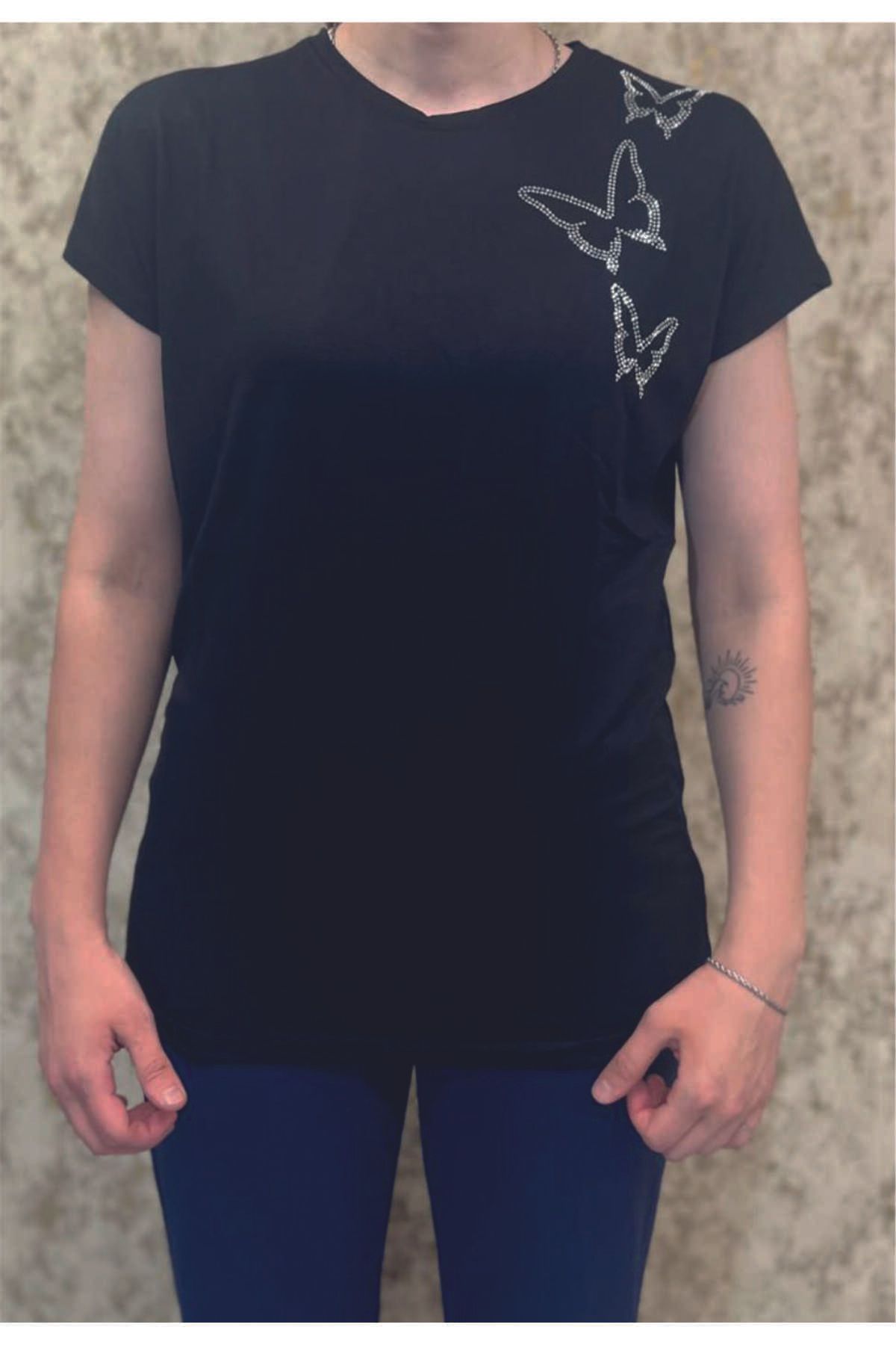 MAK t-shirt taşlı kelebek detay siyah