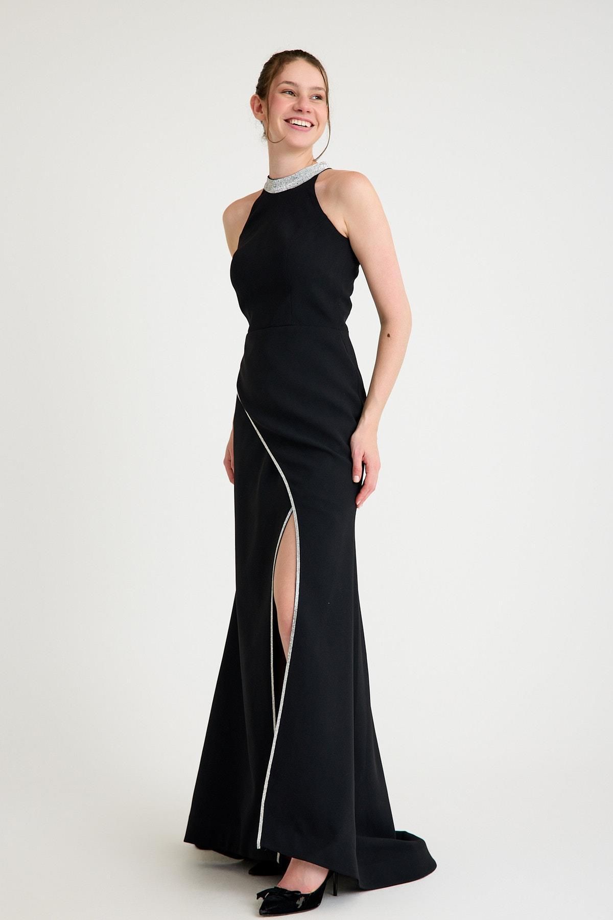 SpringStore Siyah Halter Yaka Krep Abiye Elbise
