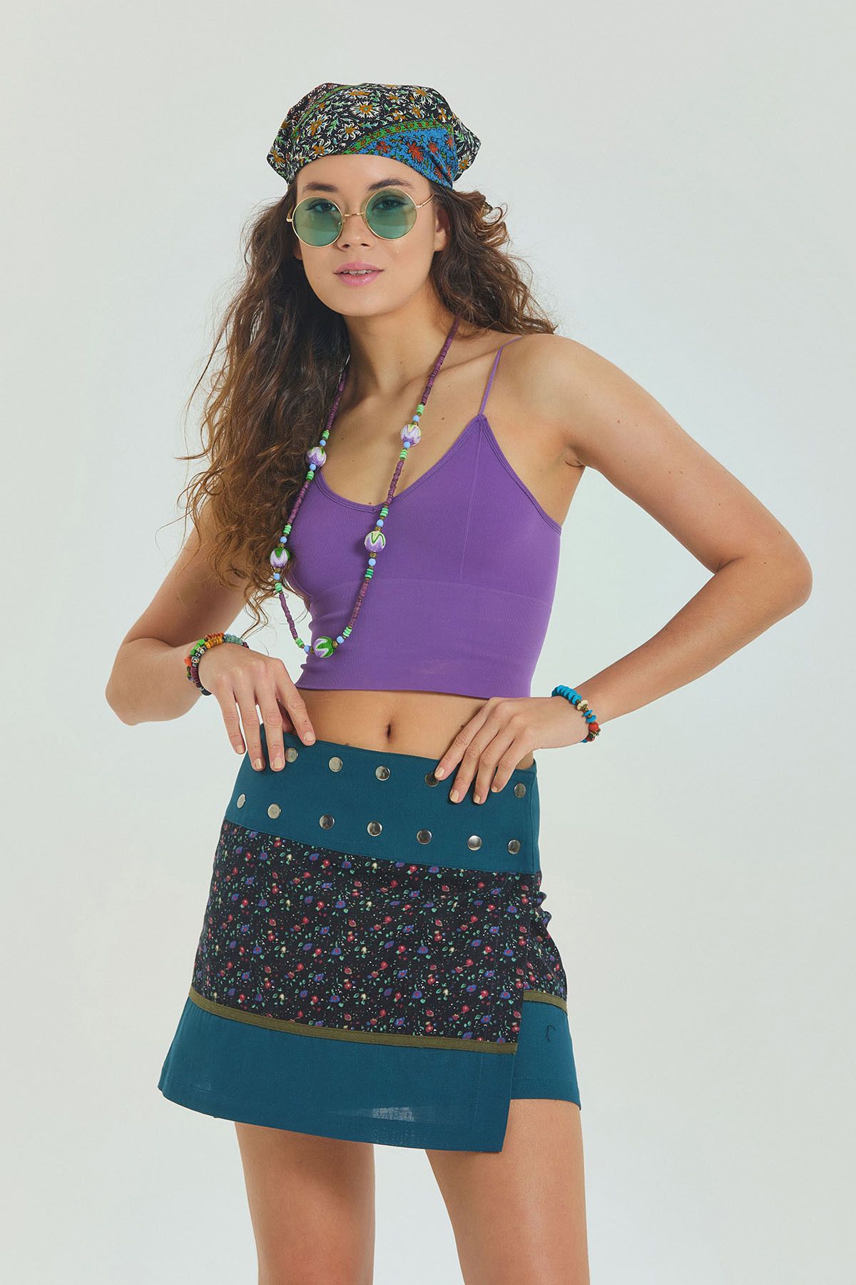 Los banditos-Patchwork Wrap Mini Skirt with Snap Closure 6