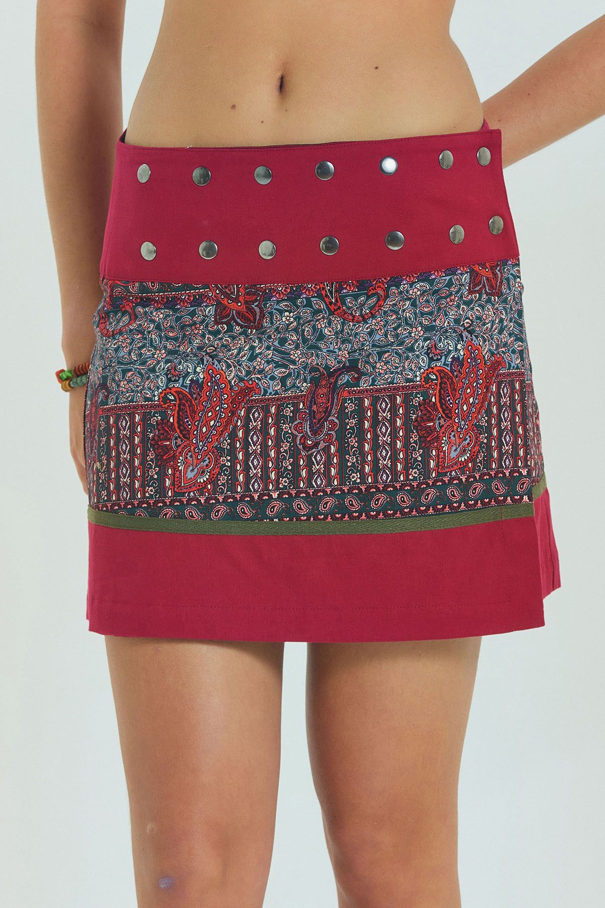 Los banditos-Patchwork Wrap Mini Skirt with Snap Closure 5