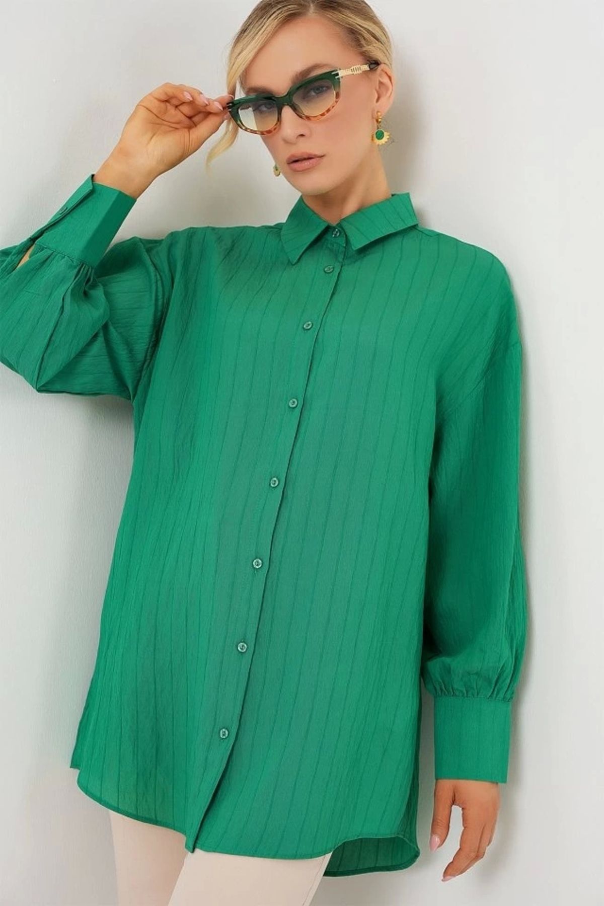 Butik Çizgili Uzun Gömlek Tunik 5963 - Yeşil
