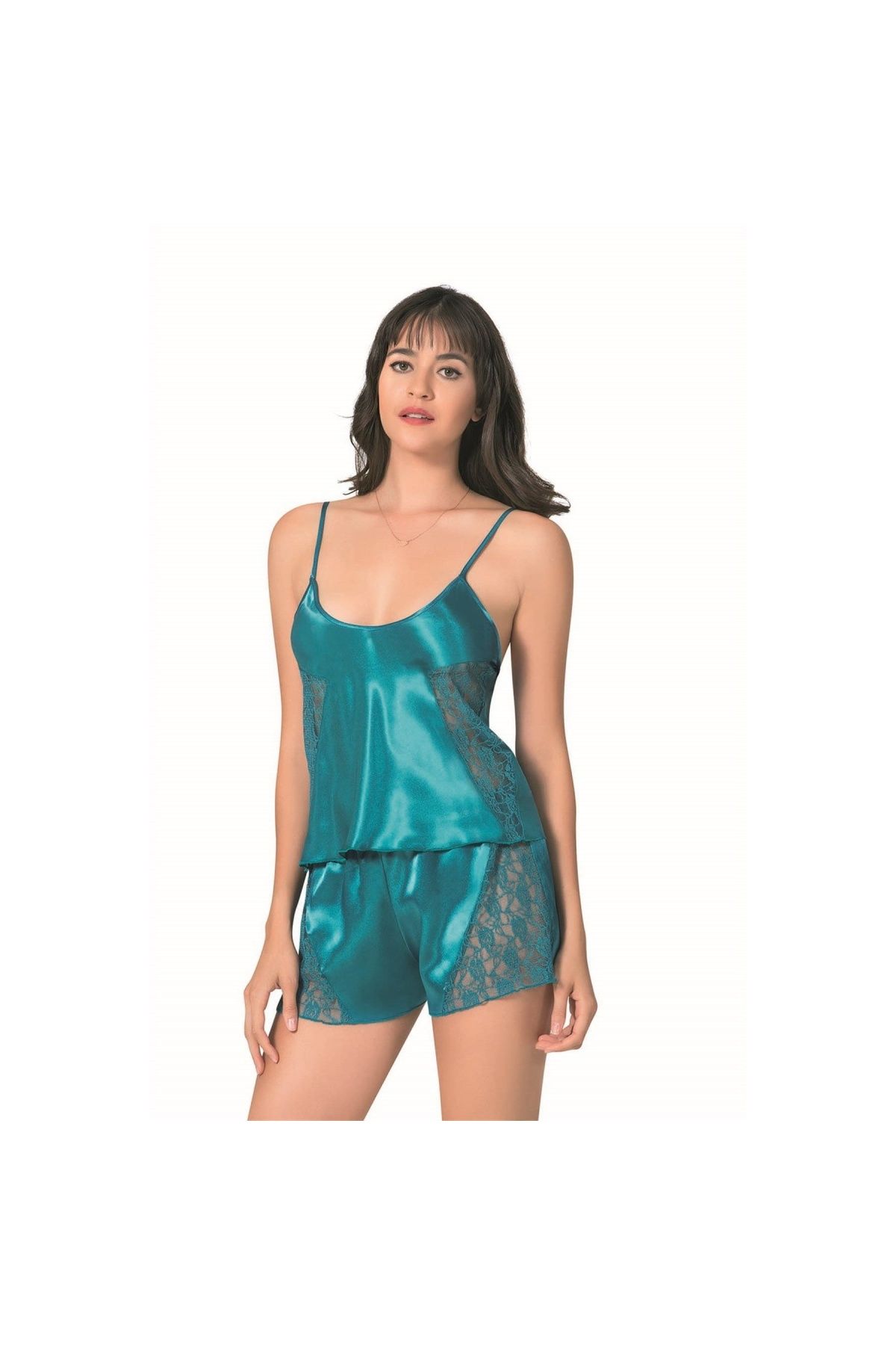 Findit Petrol Saten Babydoll Şort Takımı