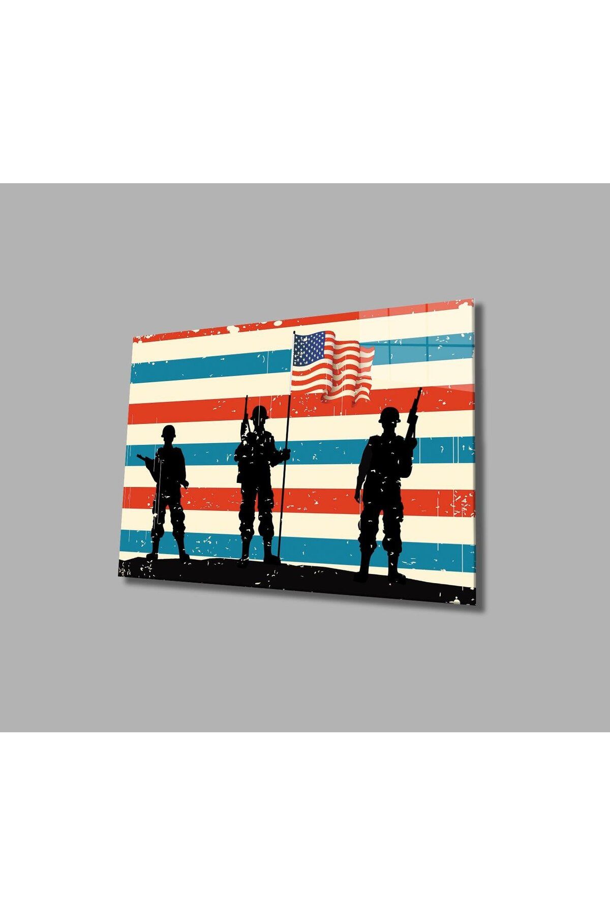 idealizbiz Askerli Amerika Bayrağı Cam Tablo 4mm Dayanıklı Temperli Cam, Soldier America Flag Glass Wall Art