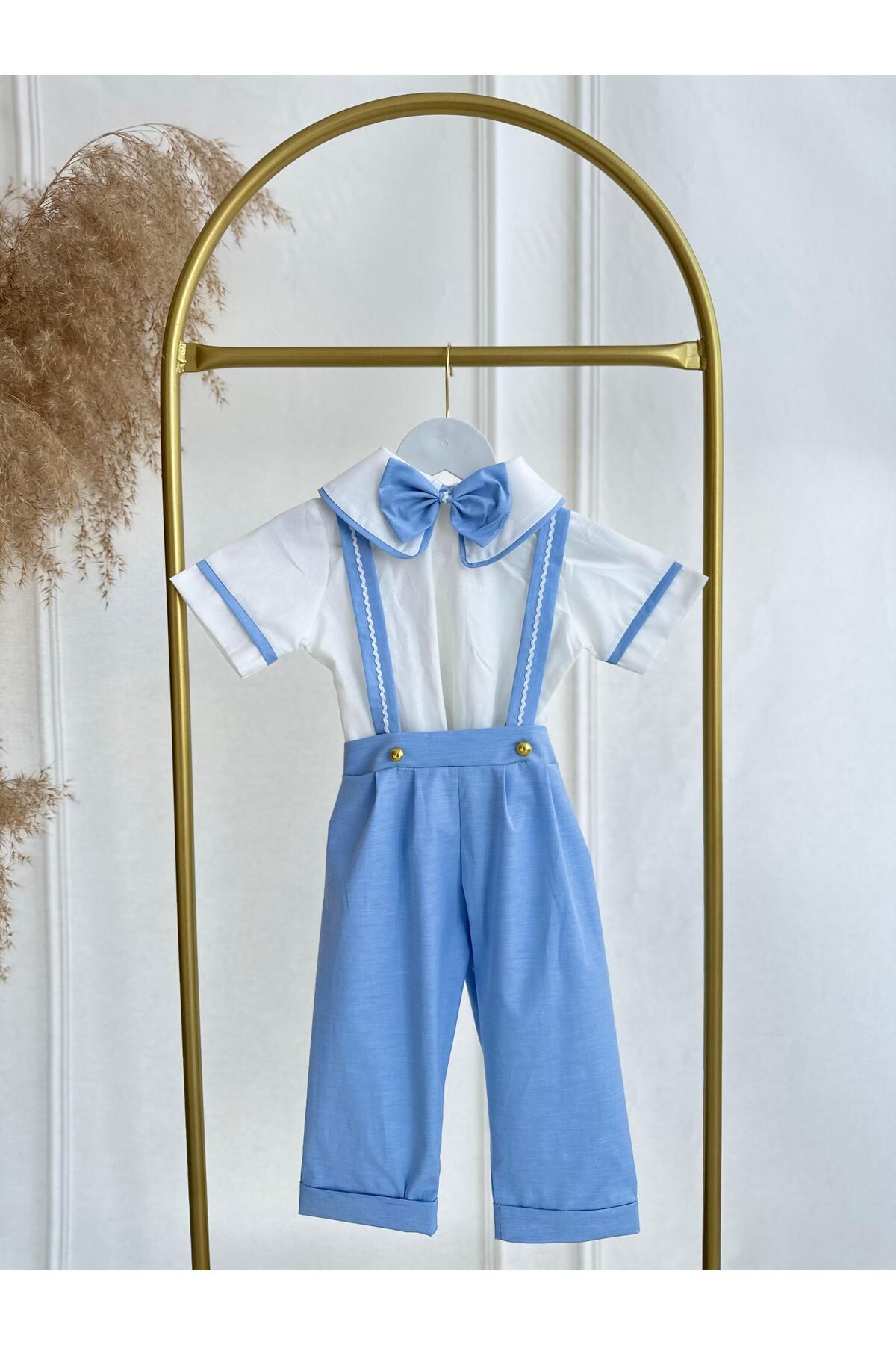 Hobidik Erkek Bebek Çocuk Bebe Mavi Poplin Kumaş Salopet Alt Üst Takım