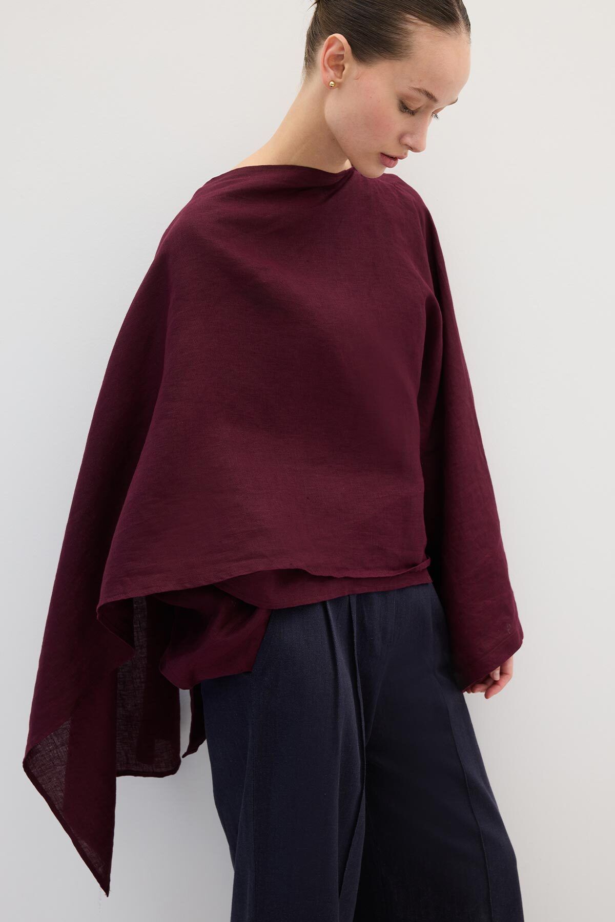 Hooopstore % 100 Keten Pelerin Detaylı Dökümlü Bordo Bluz