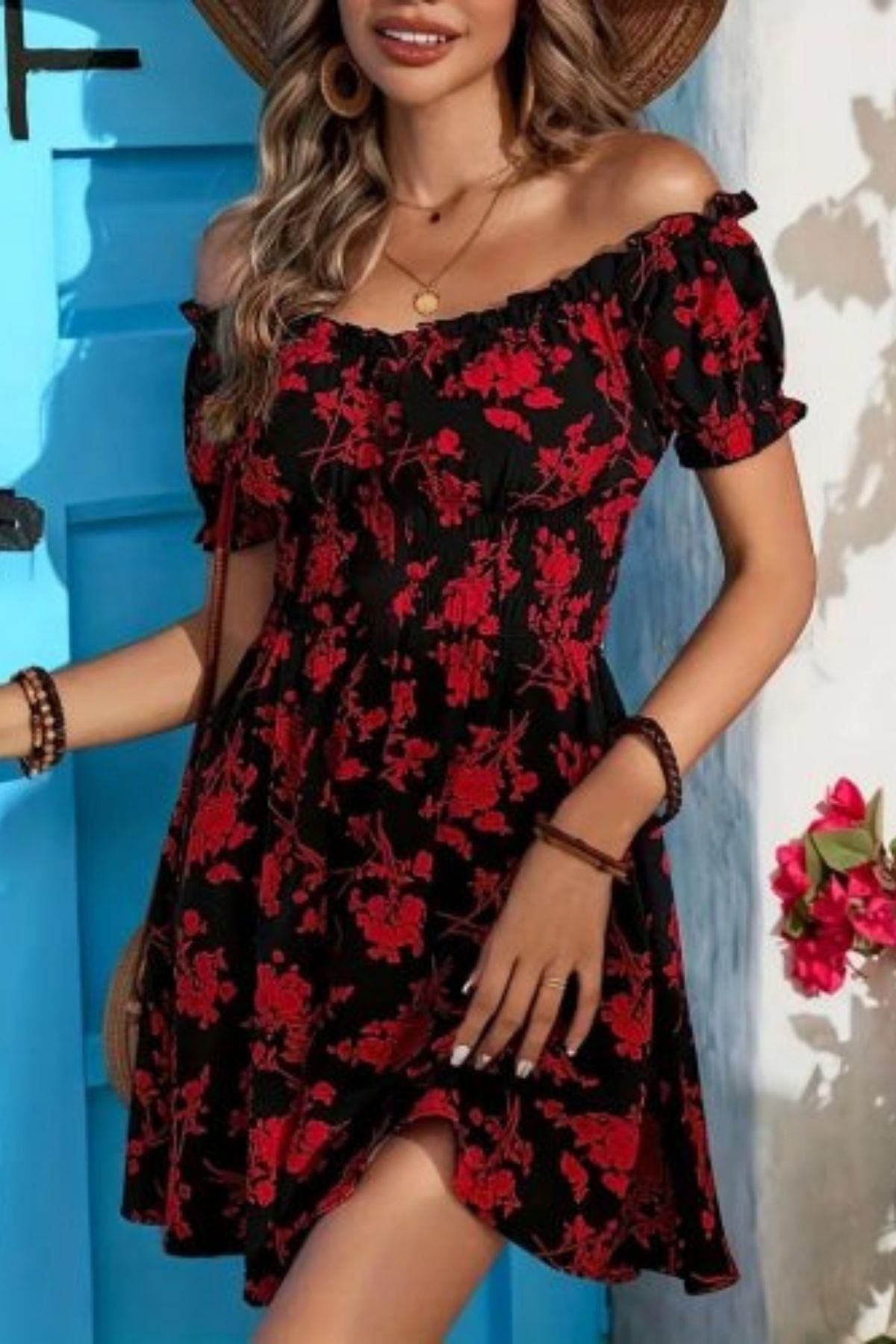 DÖPİYES Madonna Yaka Beli Lastikli Çiçek Desenli Süprem Elbise